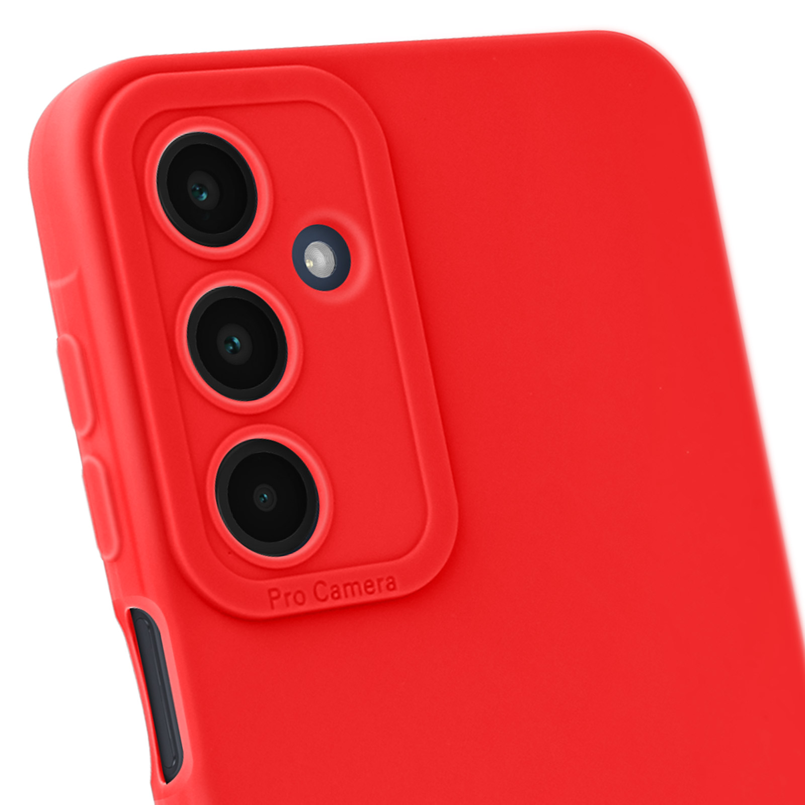 Una custodia rossa per telefono con tre lenti della fotocamera e un flash. La custodia è di un colore pieno.