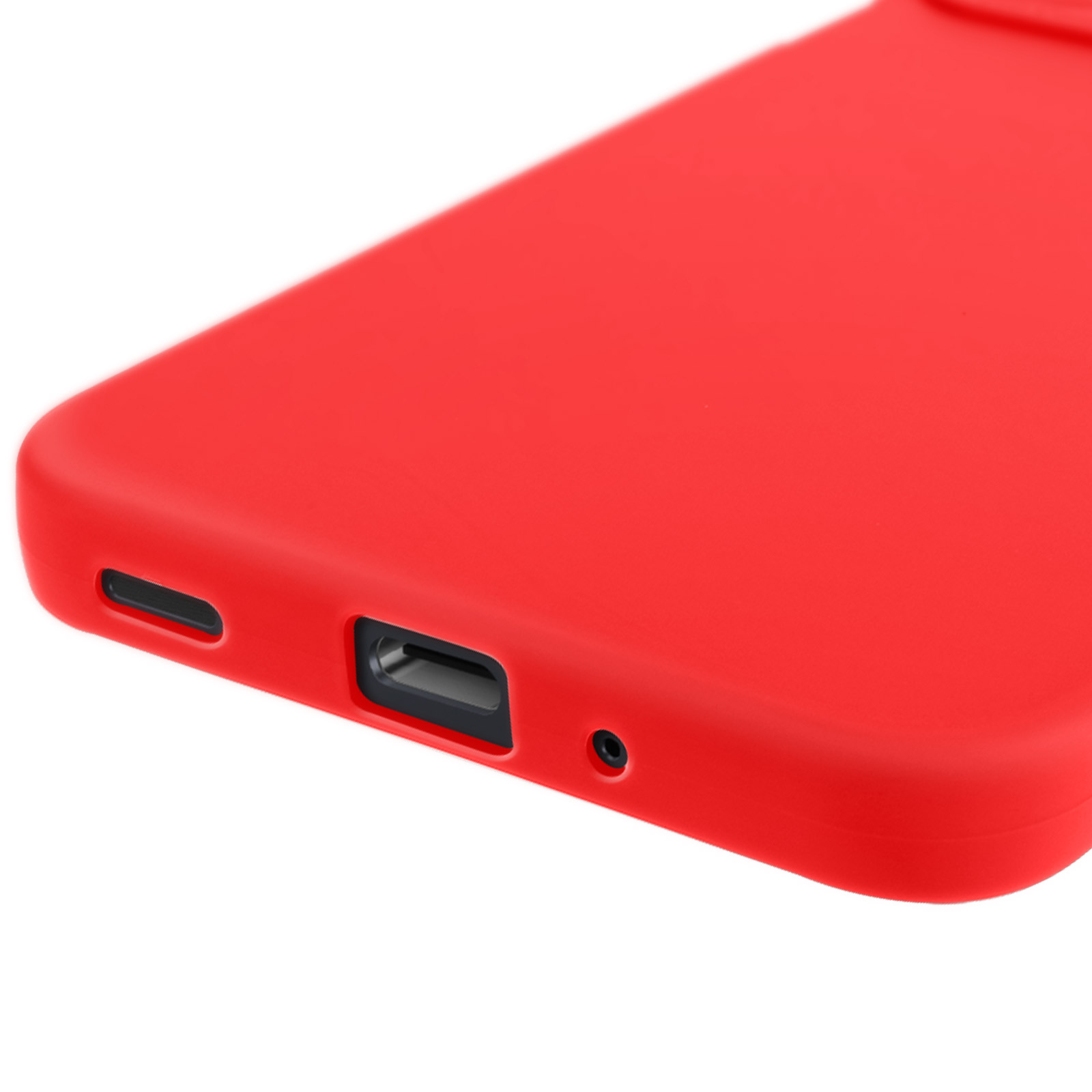 Viene mostrata la parte inferiore di una custodia rossa per telefono. Ha una porta e un piccolo foro su sfondo bianco.