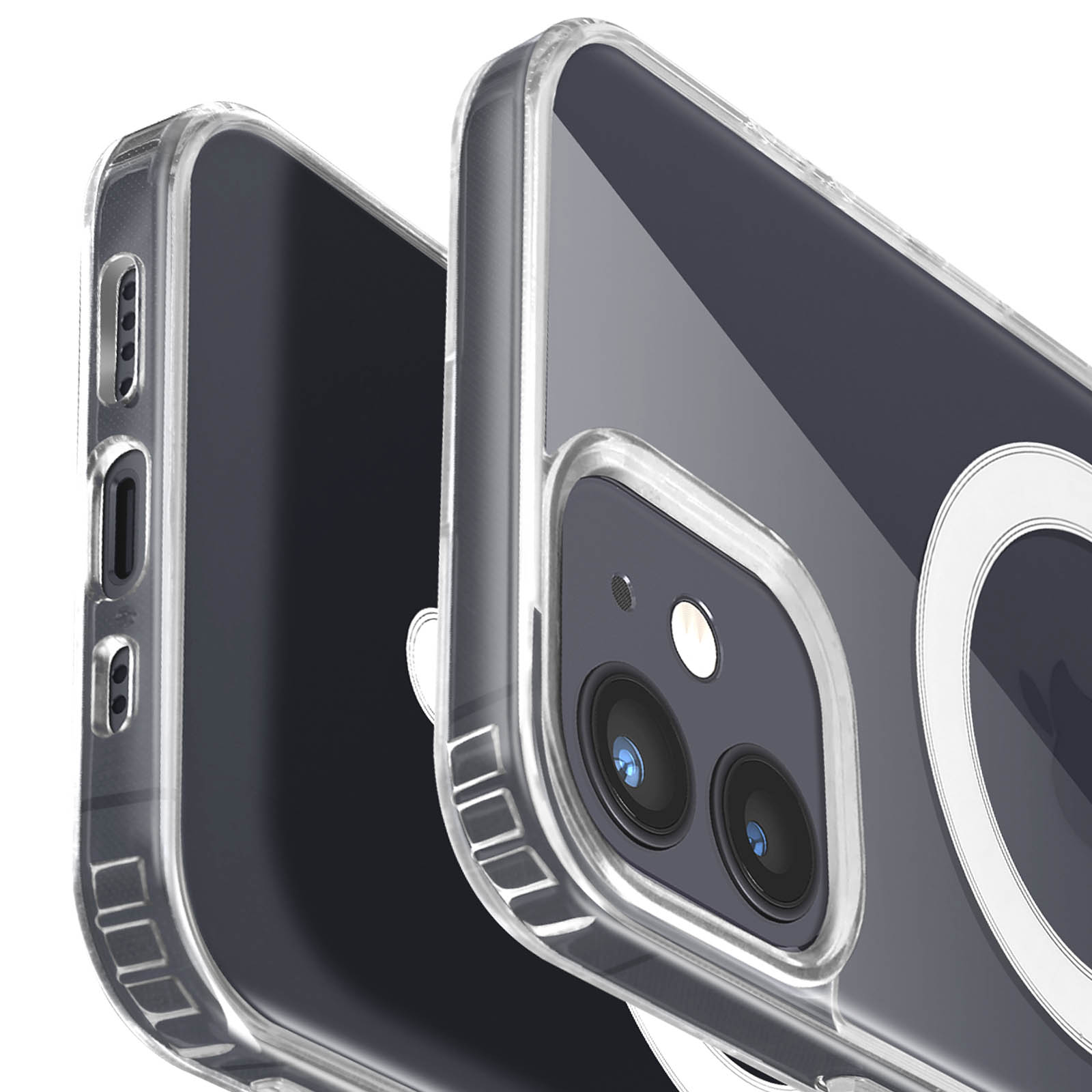 Due custodie trasparenti per iPhone, che mostrano le caratteristiche del telefono.