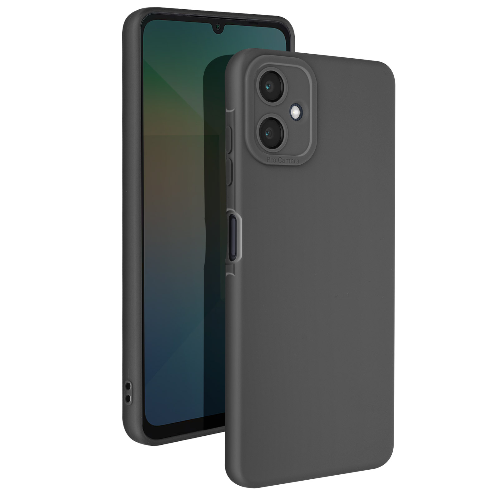Un telefono grigio con una custodia sul lato destro e lo schermo del telefono che mostra sul lato sinistro.