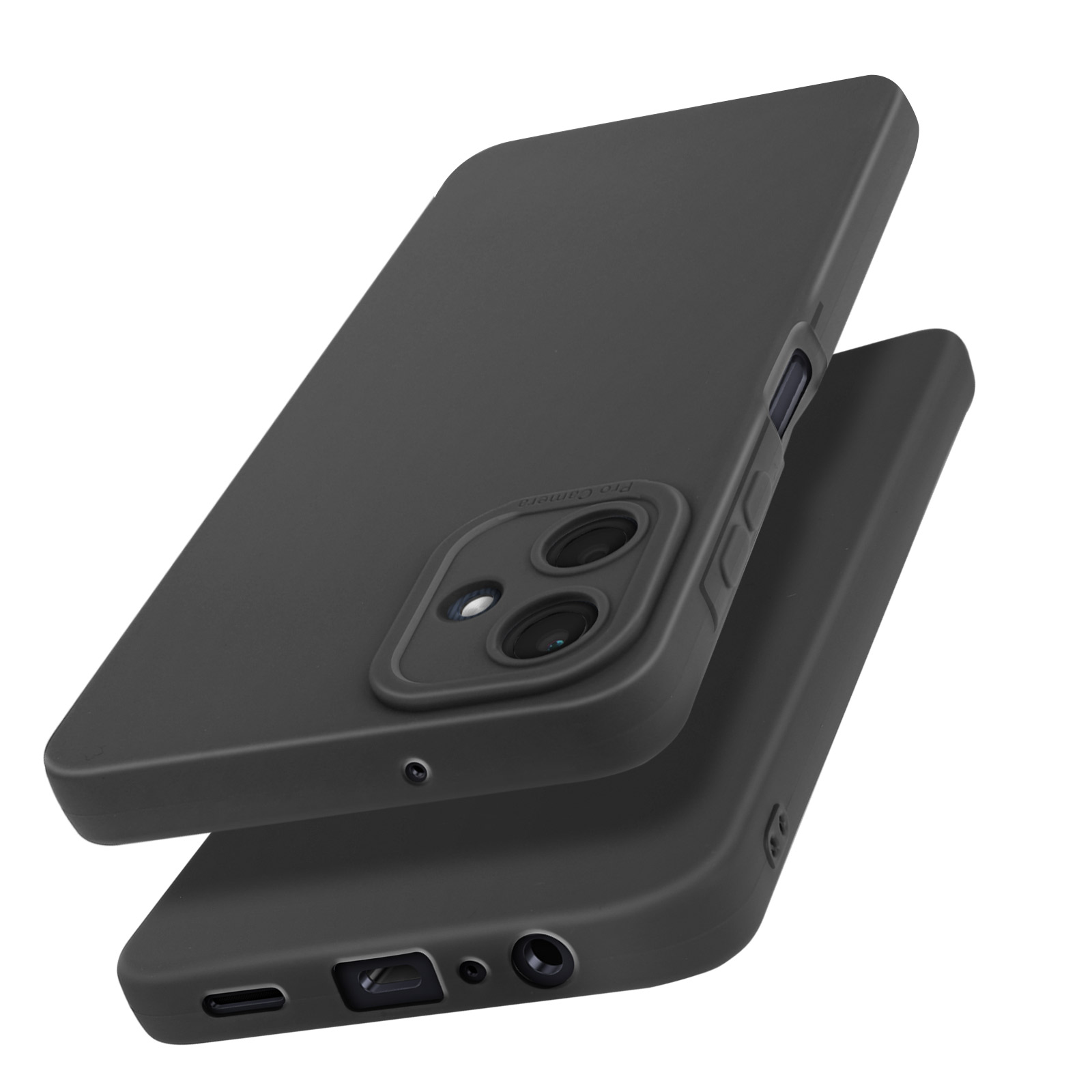 Due custodie nere per telefono, una sopra l'altra. Entrambe hanno ritagli per la fotocamera.