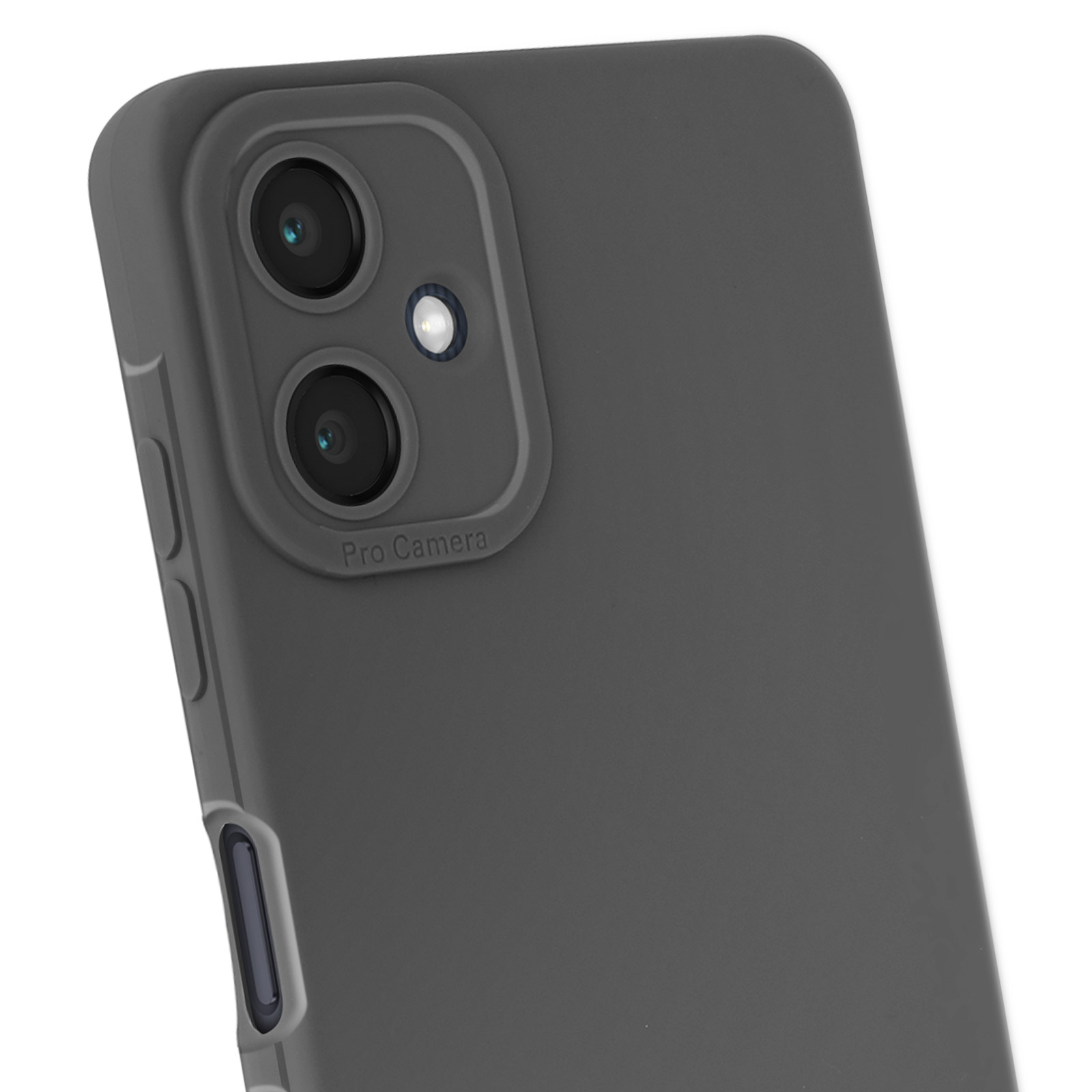 Una custodia grigia per telefono con fotocamera. La fotocamera ha due lenti, testo: 'Pro Camera'.