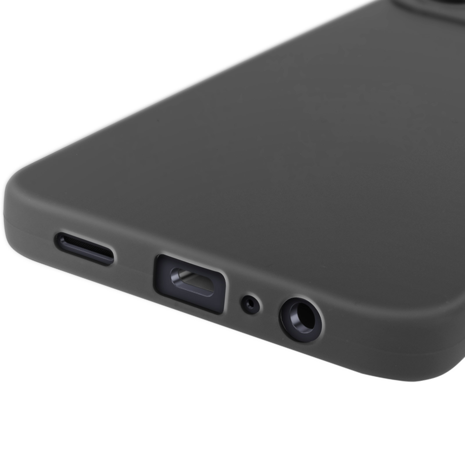 Una custodia grigio scuro con ritagli per porte e fotocamera.