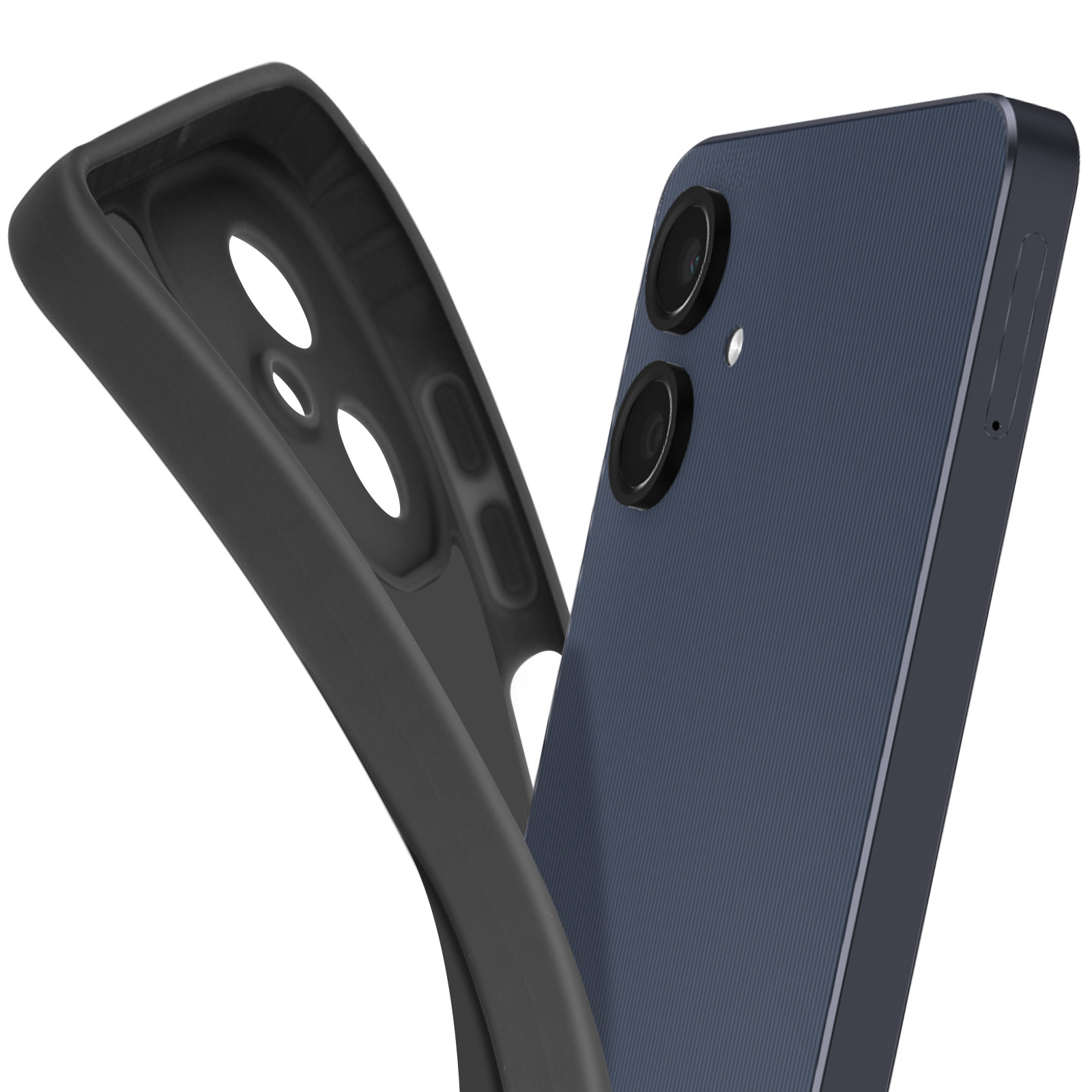 Una custodia per telefono con due fotocamere, un telefono sullo sfondo.