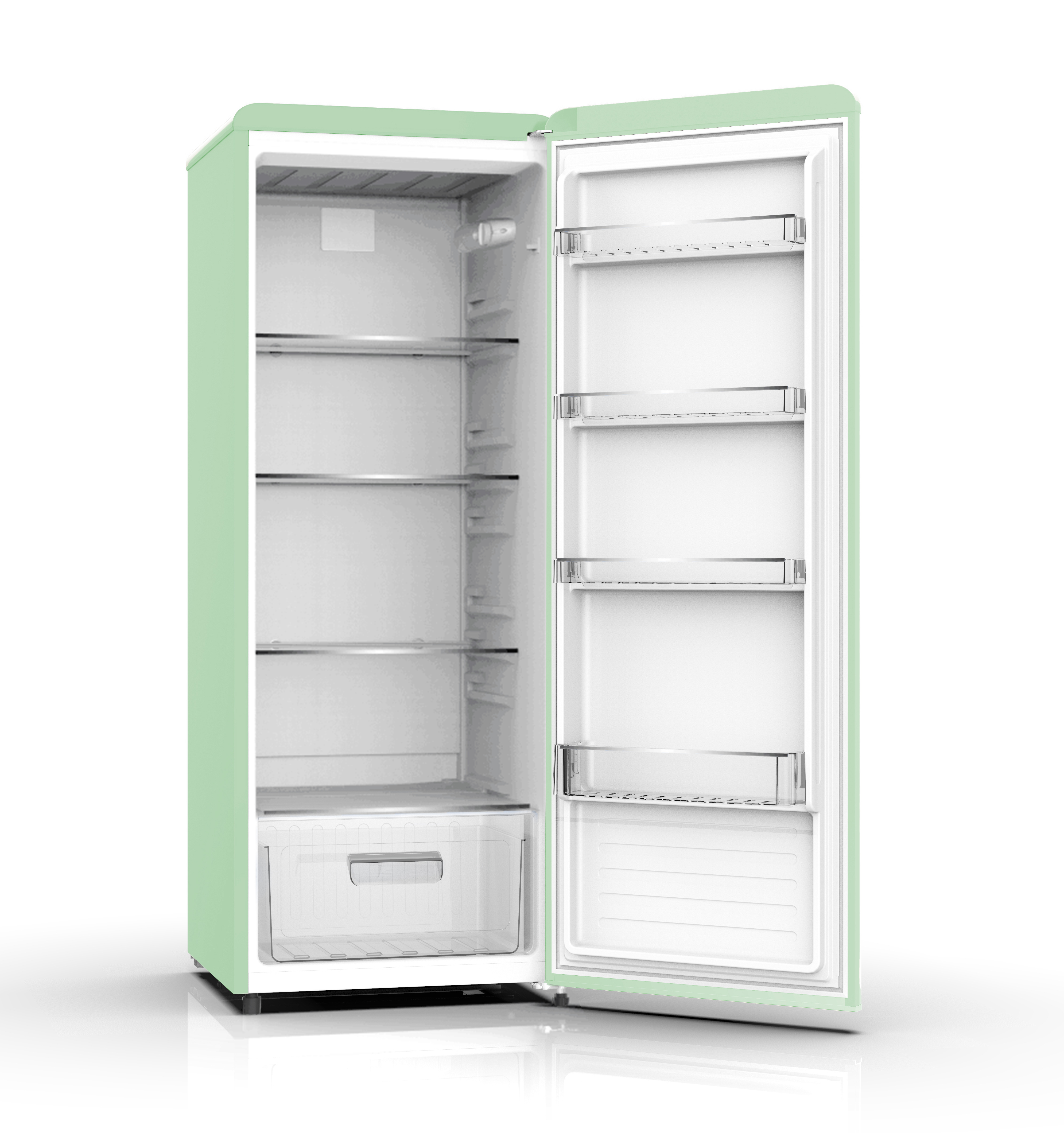 Ein mintgrüner Retro-Kühlschrank mit Gefrierfach und Regalen, vor weißem Hintergrund.