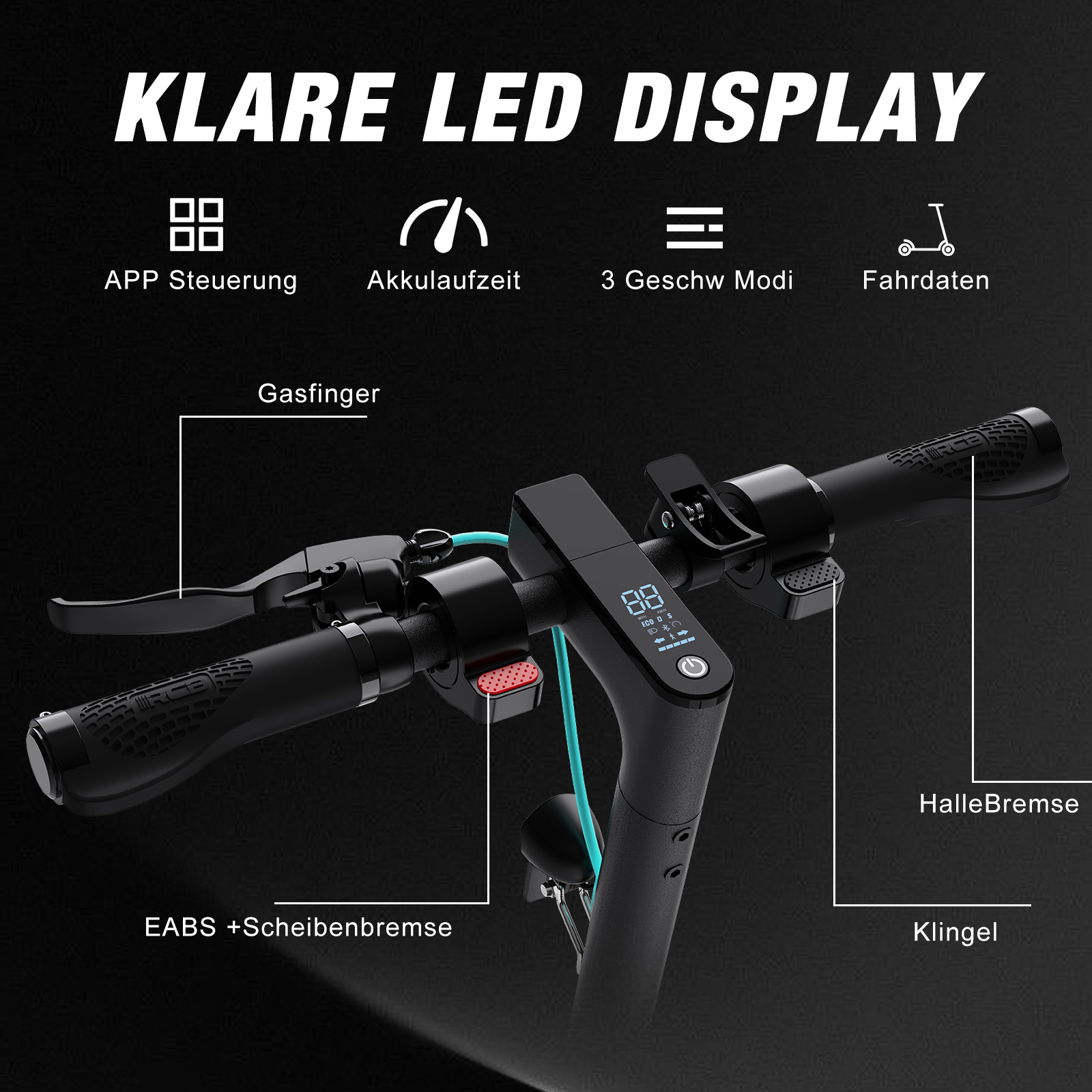 Zbliżenie kierownicy hulajnogi elektrycznej z wyświetlaczem i różnymi elementami sterowania opisanymi po niemiecku.