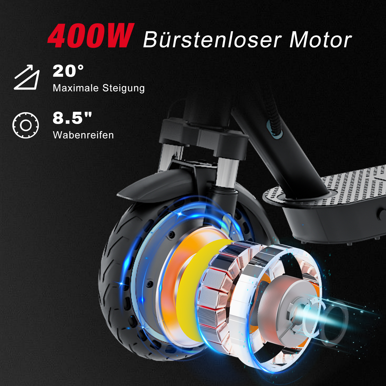 Schemat silnika skutera elektrycznego. Posiada silnik z niebieskimi i żółtymi częściami, z danymi technicznymi.