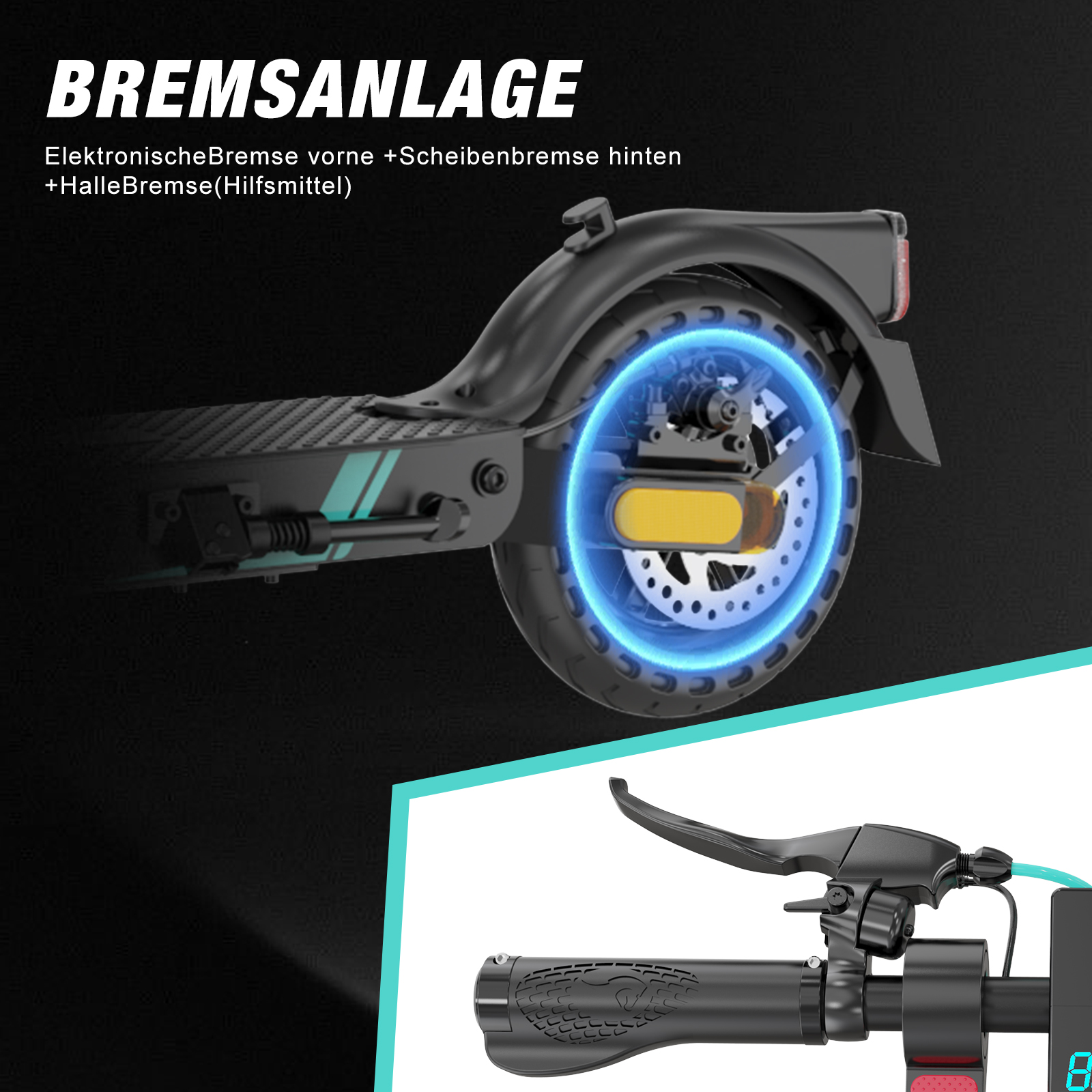 Czarny koło i układ hamulcowy skutera elektrycznego. Tekst brzmi 'BREMSANLAGE'. Tło jest ciemne.