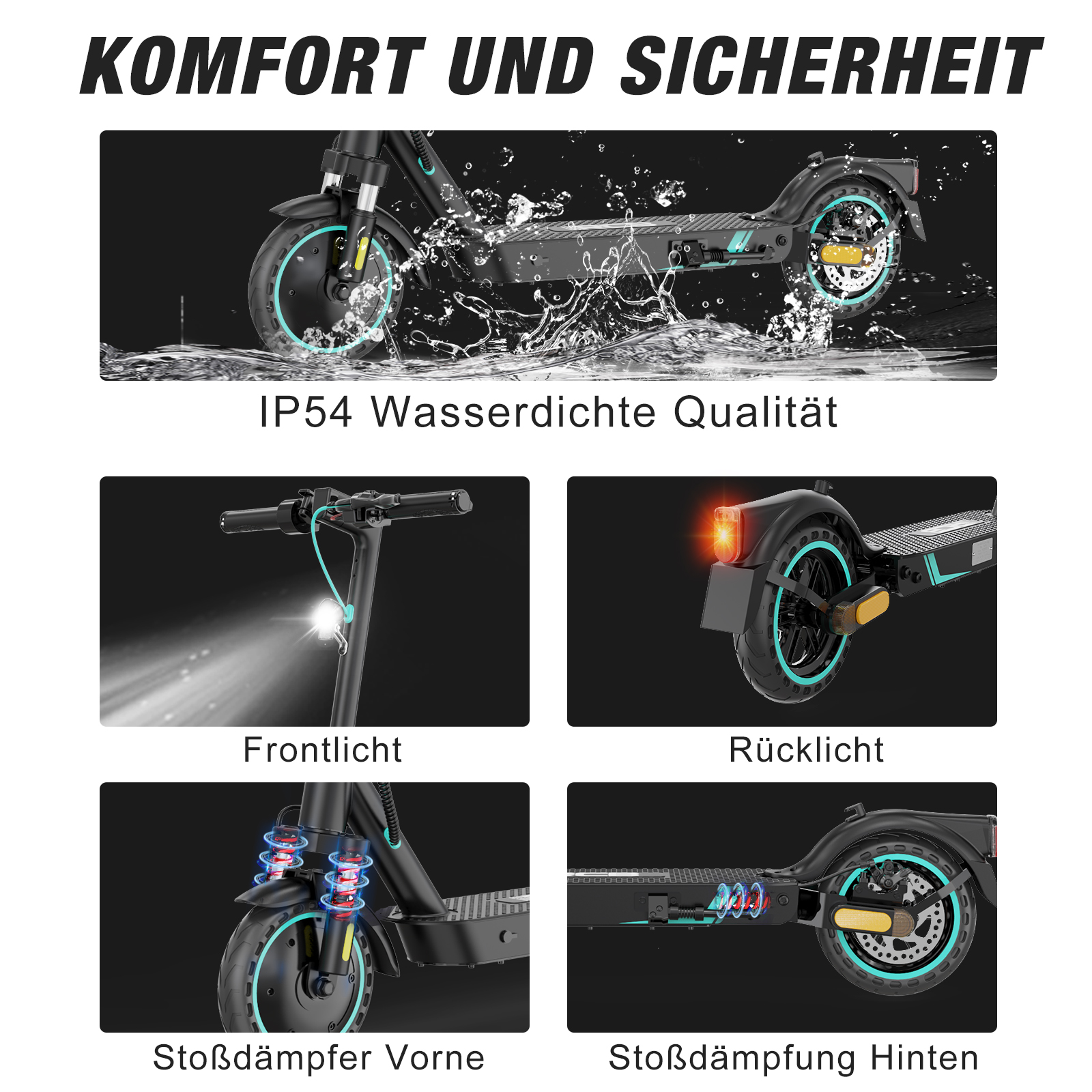 Hulajnoga elektryczna z rozpryskami wody. Światła przednie i tylne, zawieszenie. Tekst: Wodoodporność.