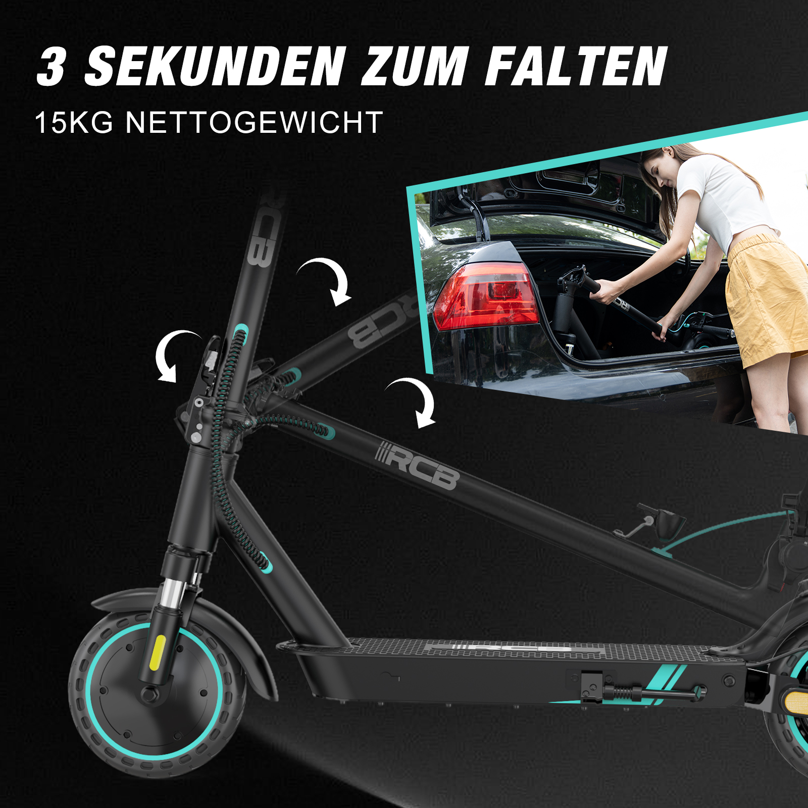 Czarna hulajnoga elektryczna składana, kobieta ładuje ją do bagażnika.