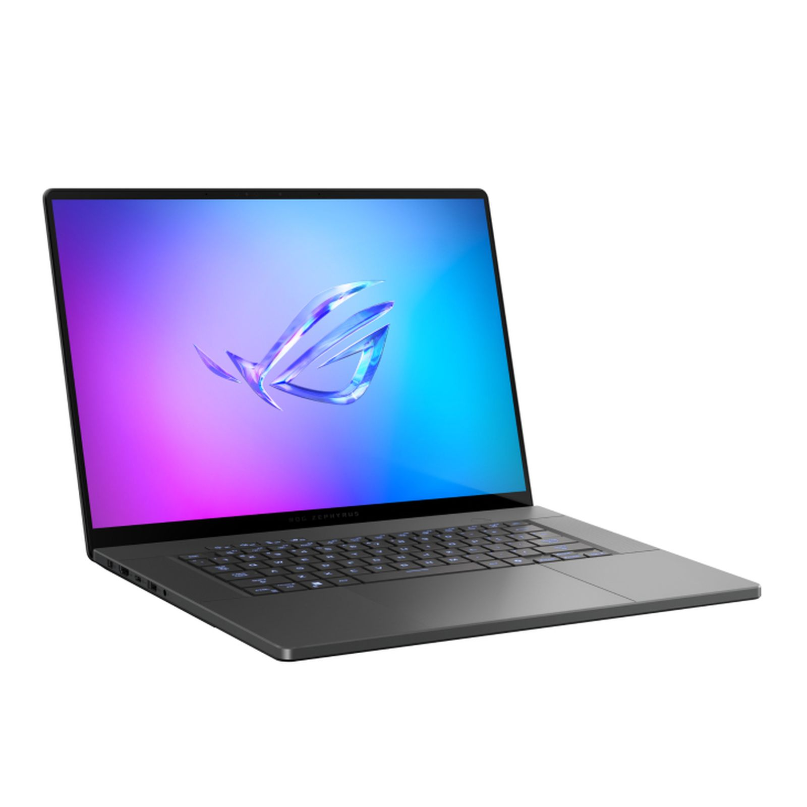 Un laptop grigio con schermo illuminato che mostra un logo, su sfondo bianco.