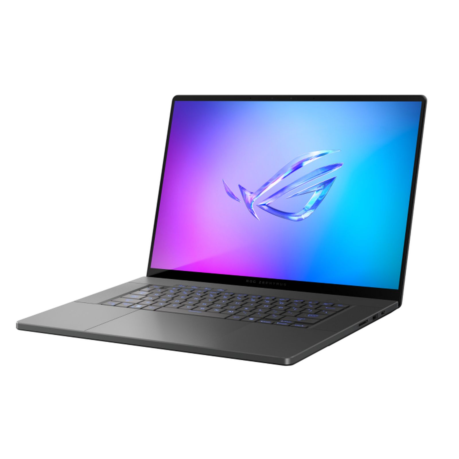 Un laptop nero con schermo illuminato di blu e viola su una superficie bianca.
