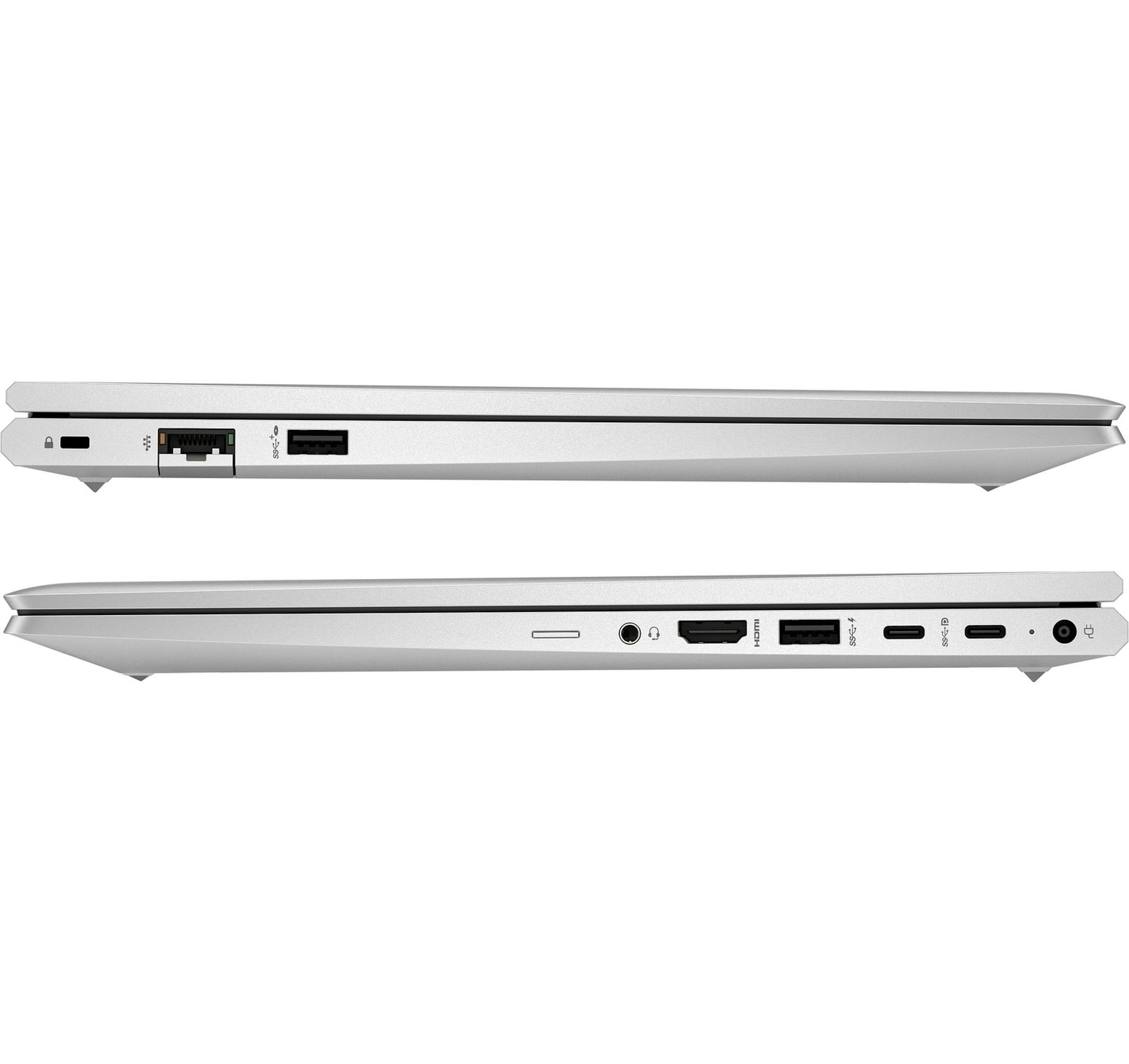 Dwa widoki boczne srebrnego laptopa z widocznymi portami. Pokazano widok z góry i z dołu.