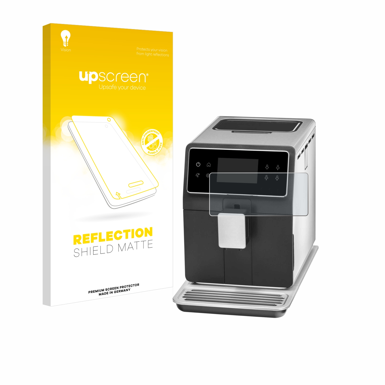 Schwarz-silberne Kaffeemaschine mit einer Displayschutzbox daneben. Weißer Hintergrund.