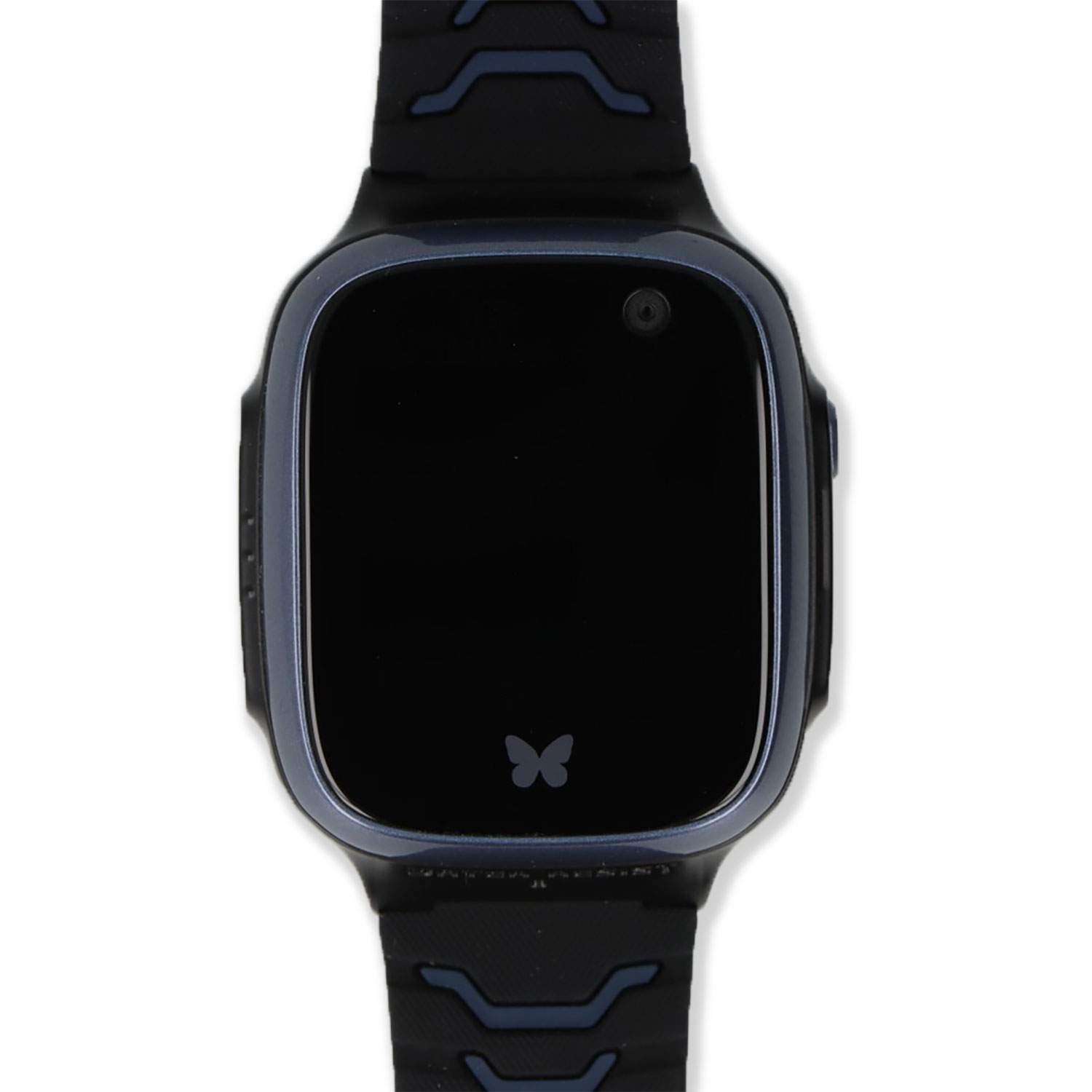 Eine schwarze Smartwatch mit Kamera, schwarzem Armband und dem Schmetterlingslogo.