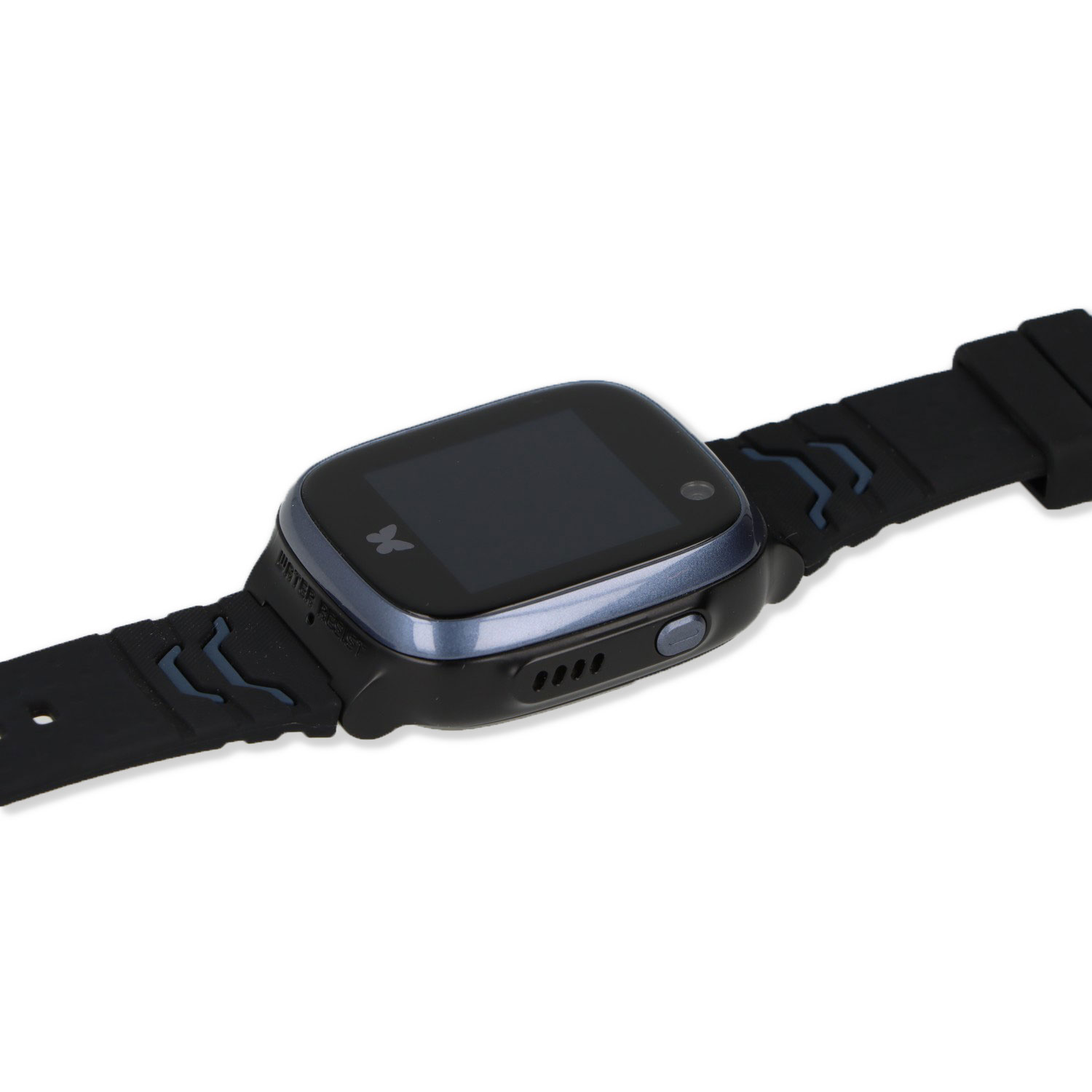 Schwarze und blaue Smartwatch mit schwarzem Armband vor weißem Hintergrund.