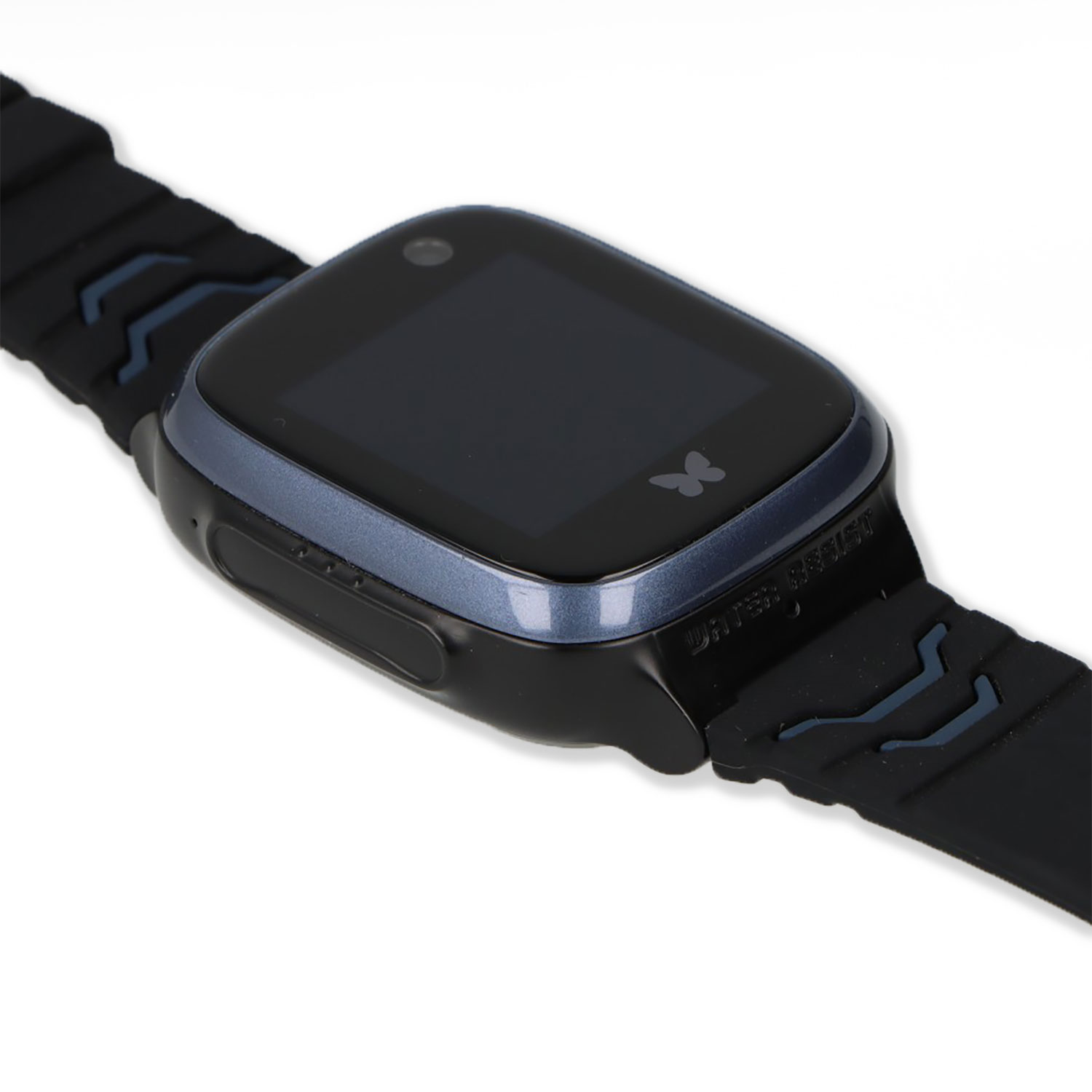 Smartwatch mit dunklem Bildschirm und schwarzem Armband. Das Armband hat blaue Akzente.