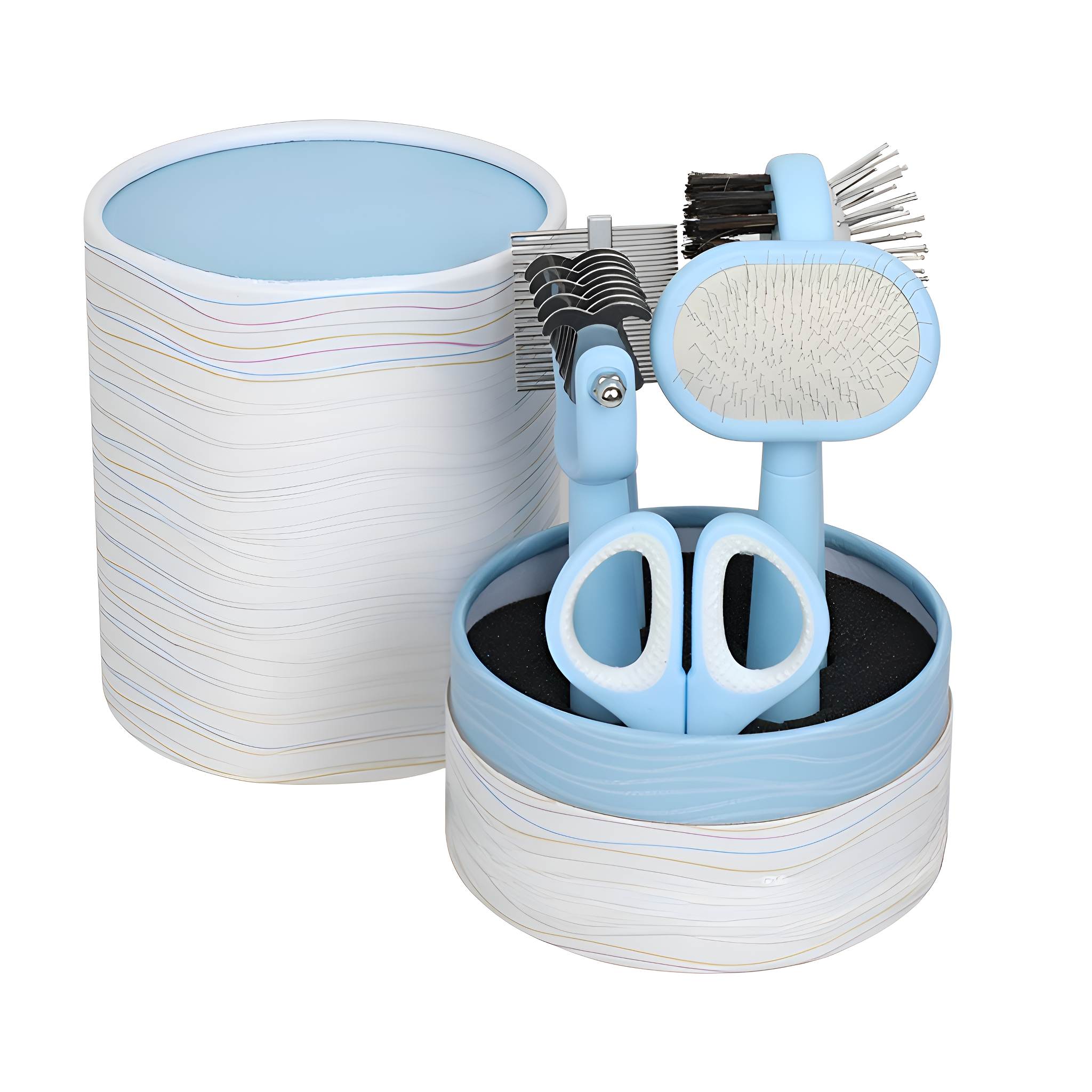 Ein Pflege-Set mit blauen Werkzeugen und einem weiß-blau gestreiften Behälter steht auf weißem Grund.