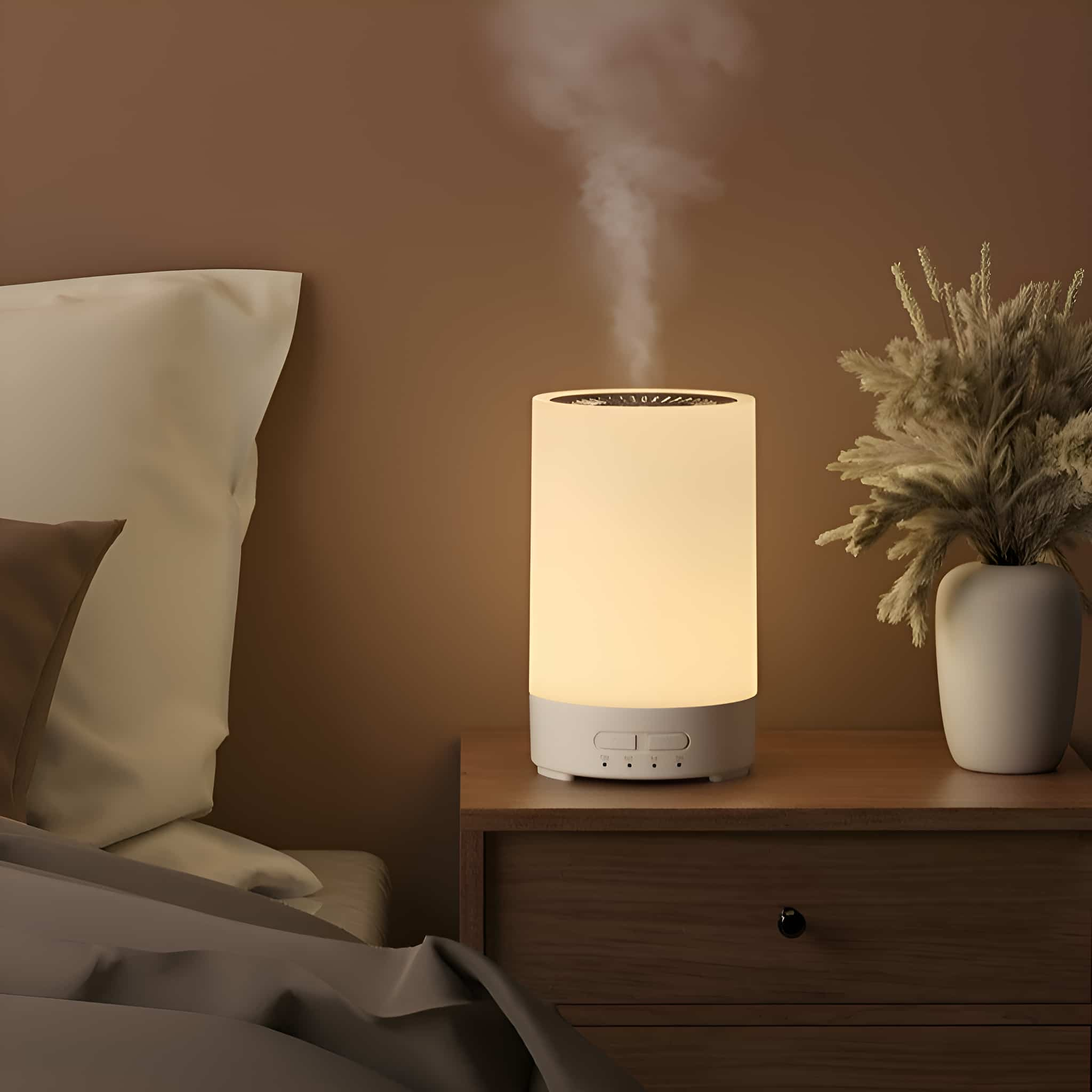 Weißer Luftbefeuchter auf einem Nachttisch mit einer Vase mit Trockenpflanzen. Im Hintergrund ein Bett.