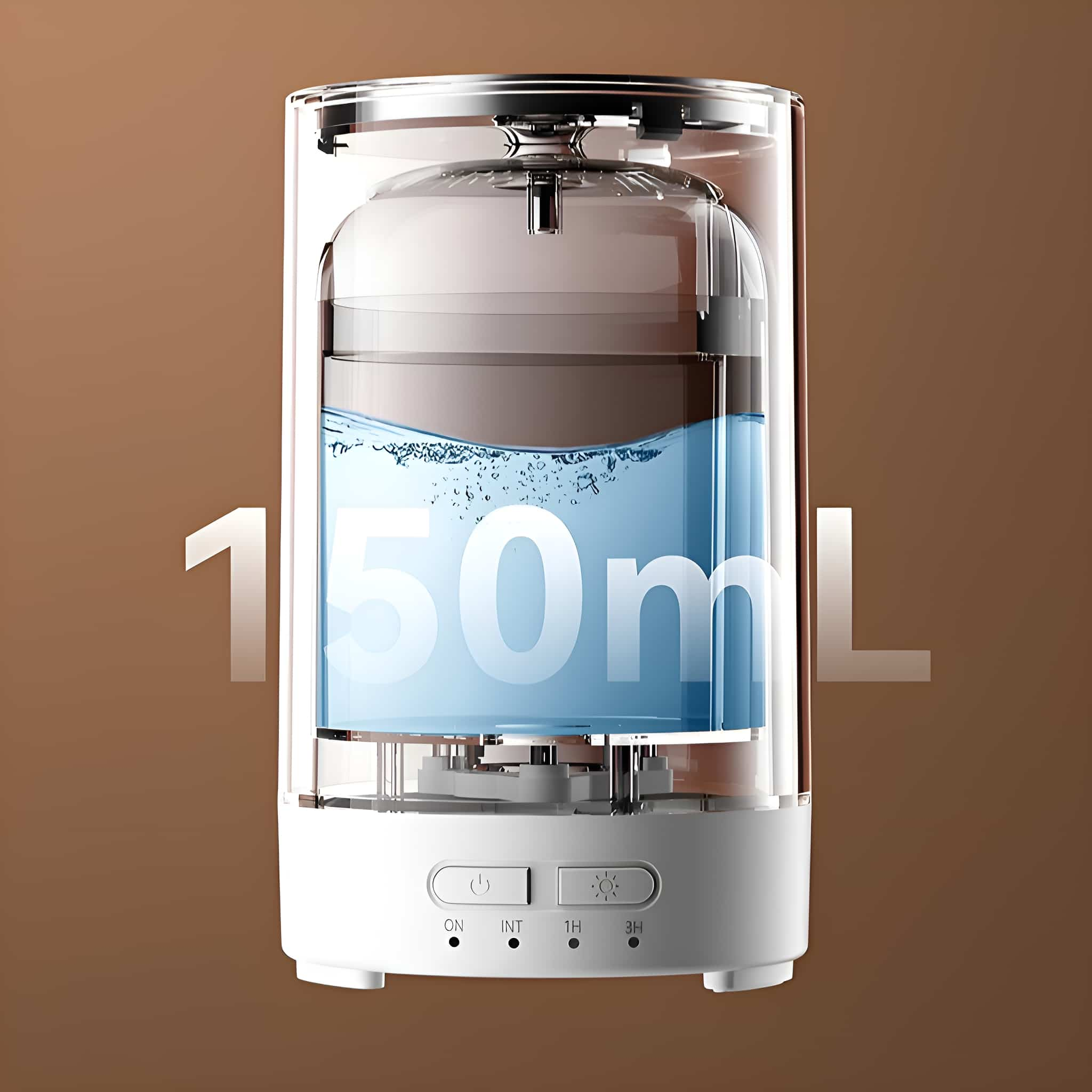 Transparenter Luftbefeuchter mit blauem Wasser. Der Wasserstand ist mit 150 ml markiert. Tasten für Ein/Aus, INT und Timer.