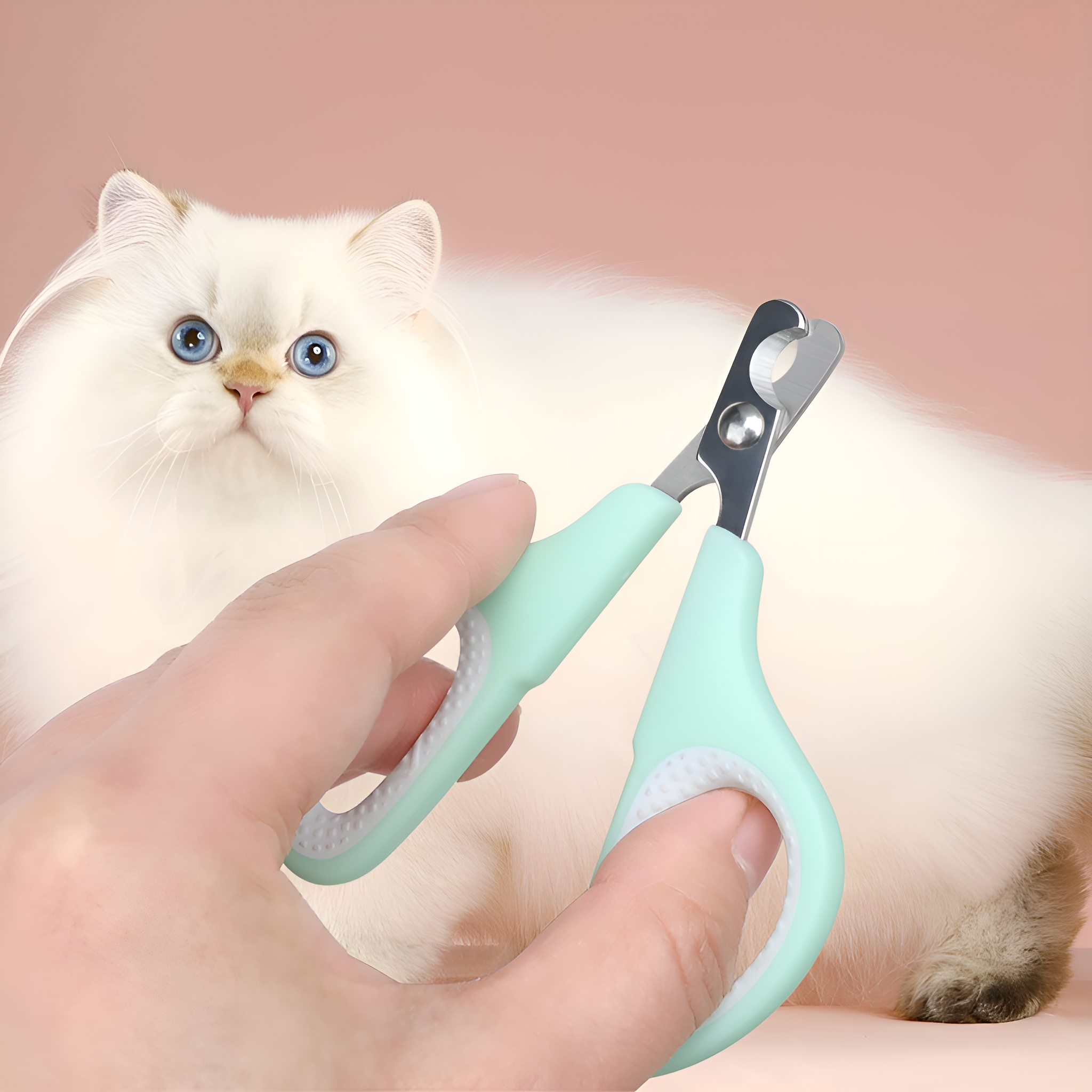 Die Hand einer Person hält einen mintgrünen Haustiernagelknipser neben einer Katze.