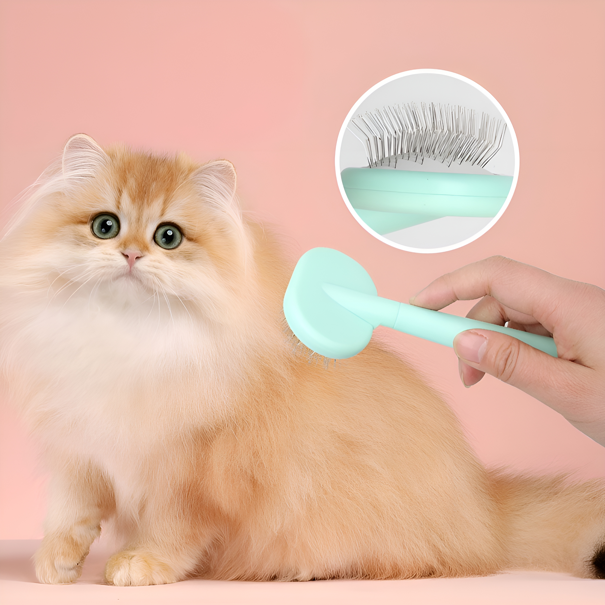 Eine Person bürstet eine flauschige, hellorange Katze mit einer mintgrünen Bürste. Die Katze steht im Fokus.