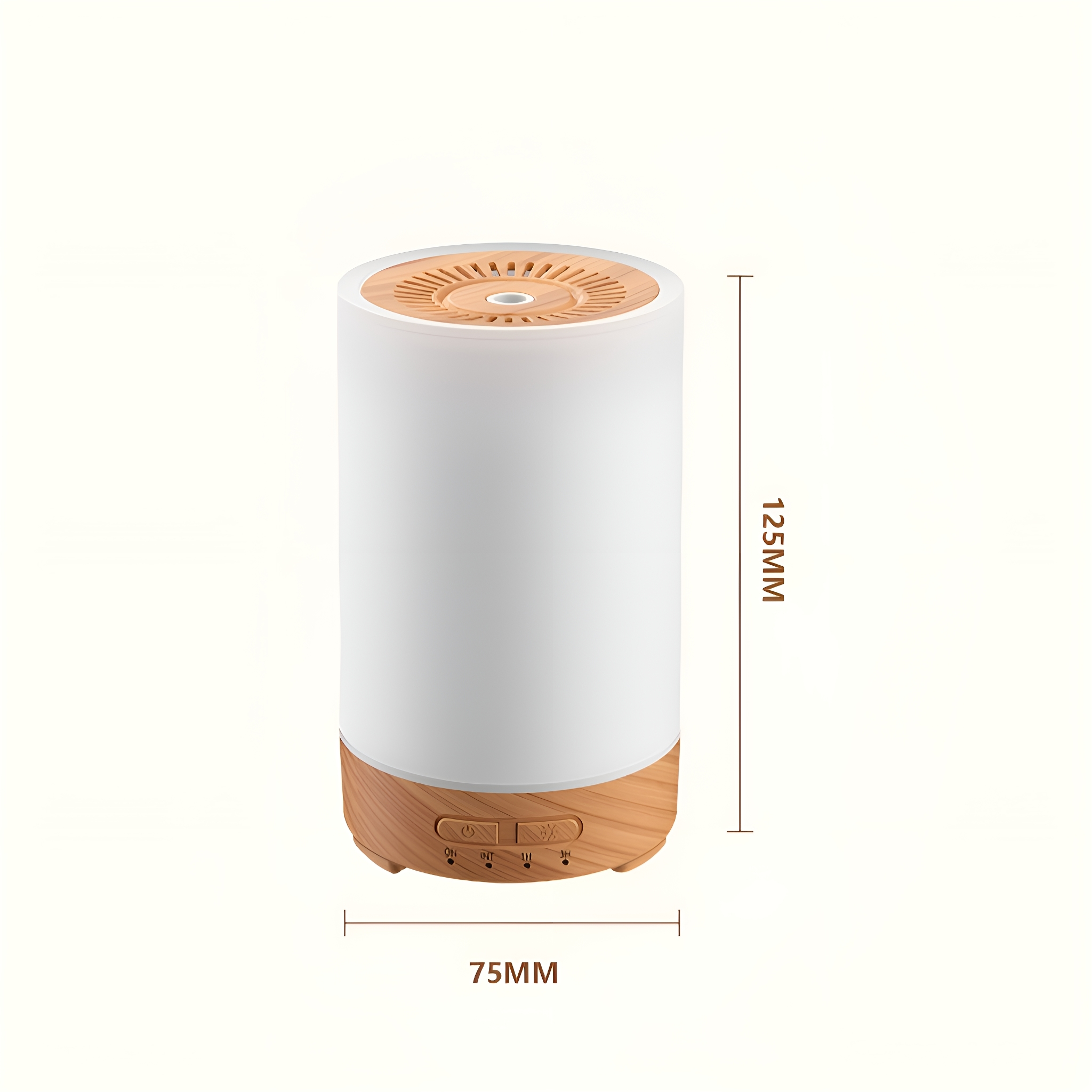 Ein weißer und holzfarbener Diffusor für ätherische Öle mit Abmessungen. Er hat Knöpfe und eine obere Öffnung.
