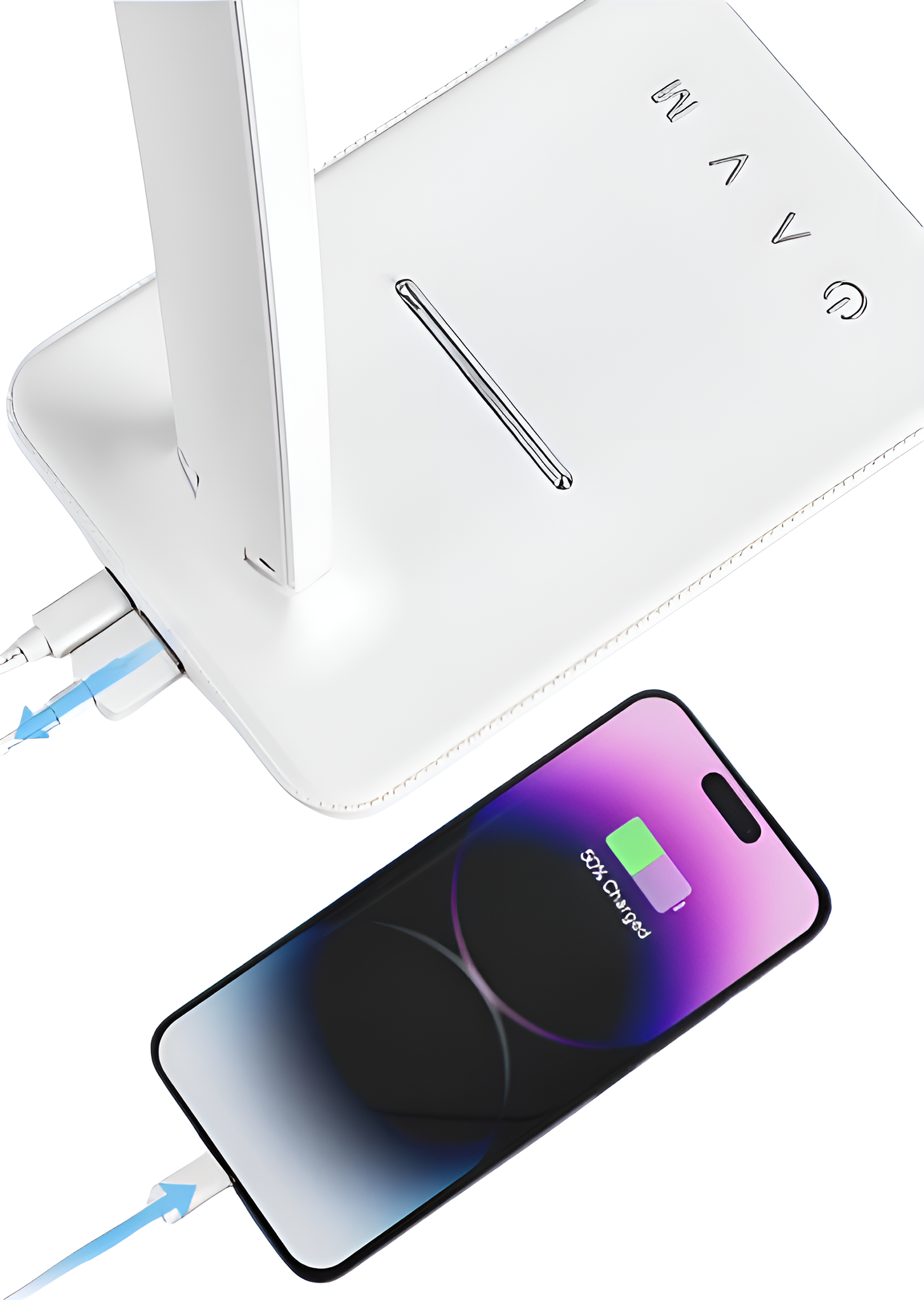 Eine weiße Schreibtischlampe mit einem ladenden Telefon. Das Telefon lädt und zeigt 50% geladen an.