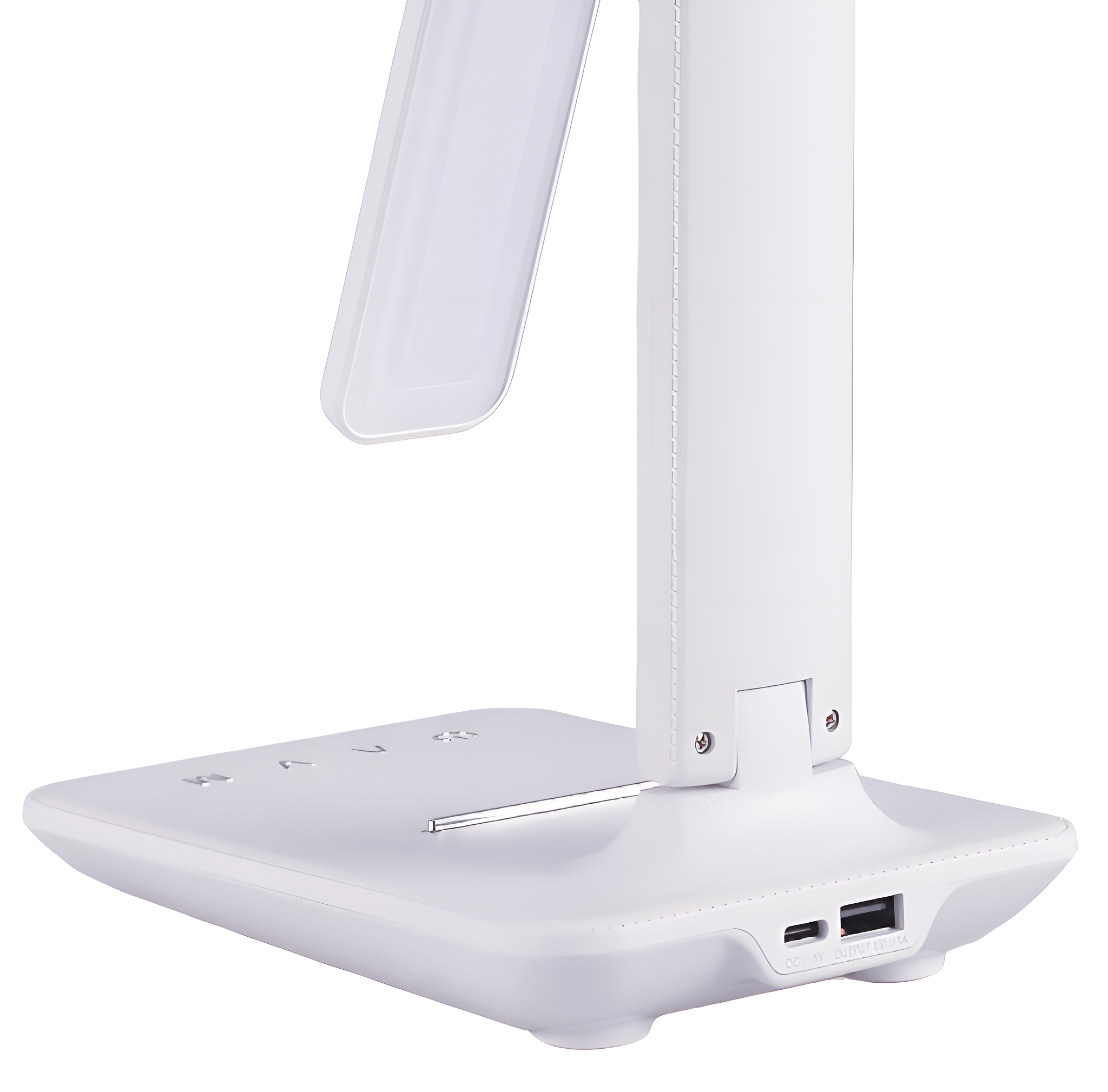 Weiße Schreibtischlampe mit rechteckiger Lichtfläche und USB-Anschluss.