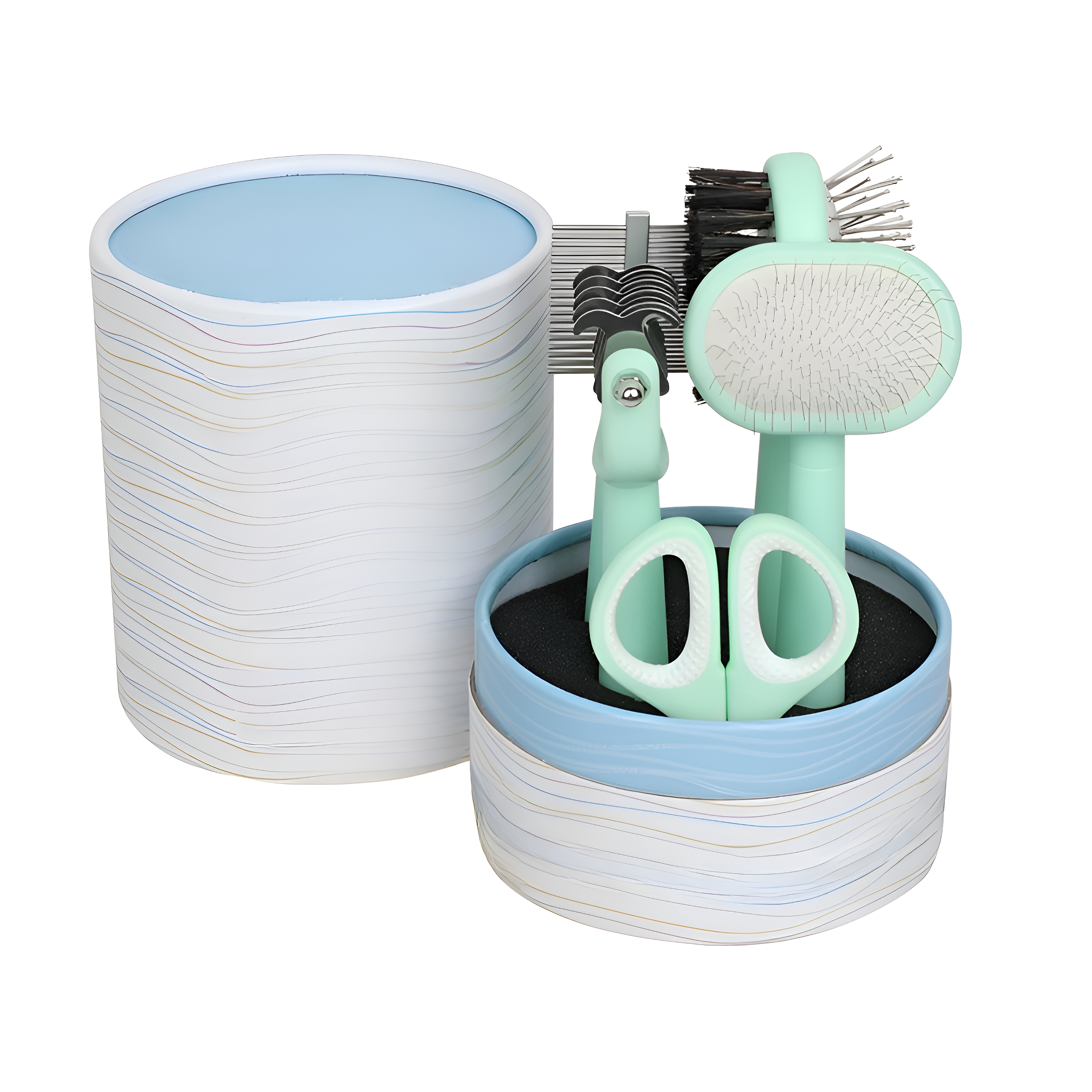 Tierpflege-Set in einem blau-weißen Behälter, mit Bürsten und Scheren.