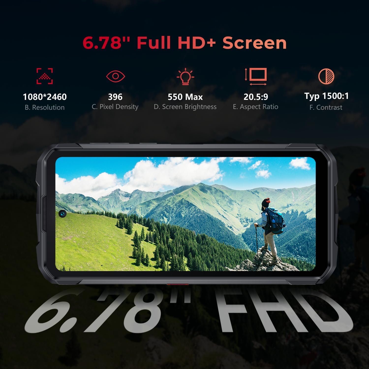 Schermo smartphone con paesaggio montano, testo: 6.78" Full HD+ Screen.