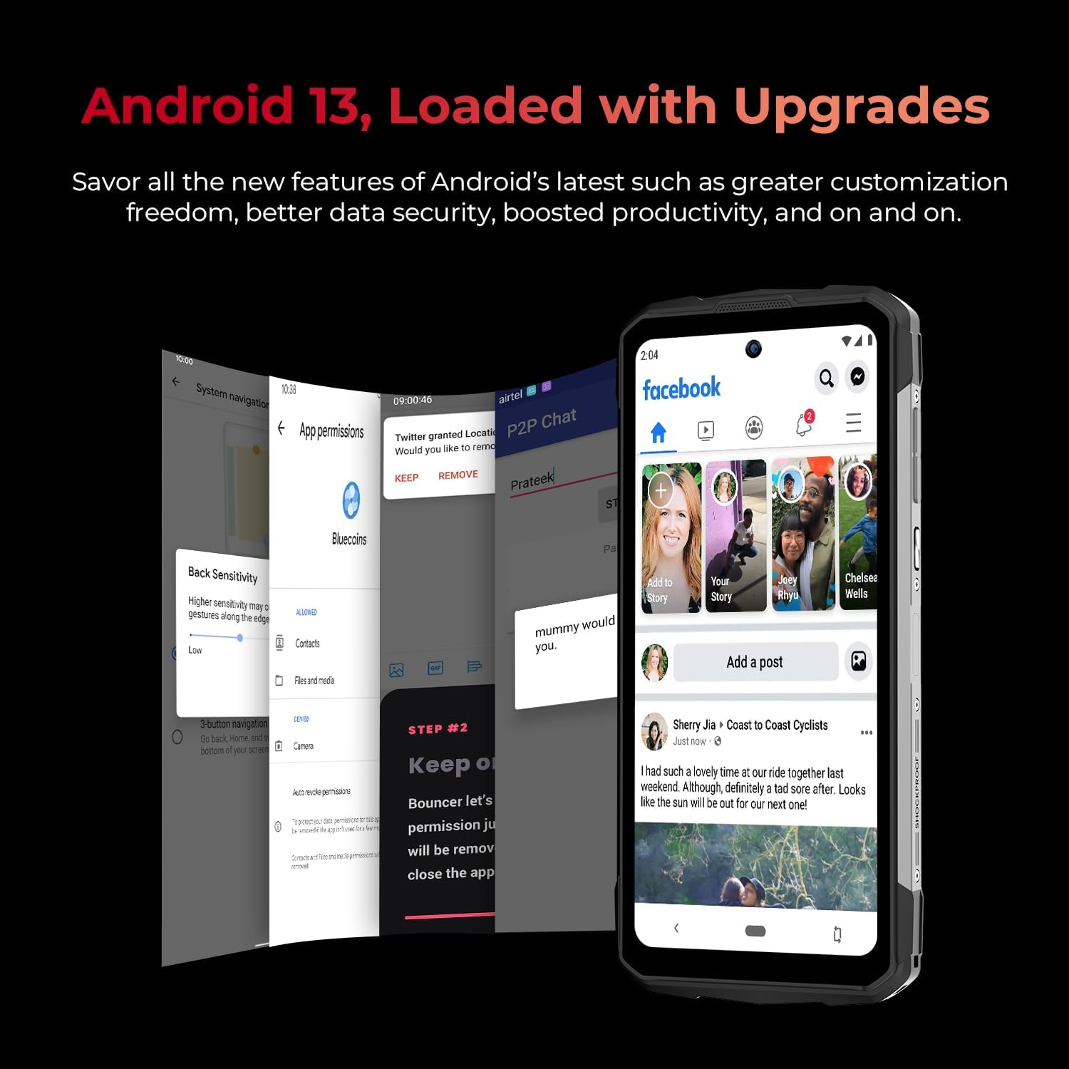 Uno smartphone mostra una pagina Facebook e altre pagine di app. Testo sovrapposto con Android 13.