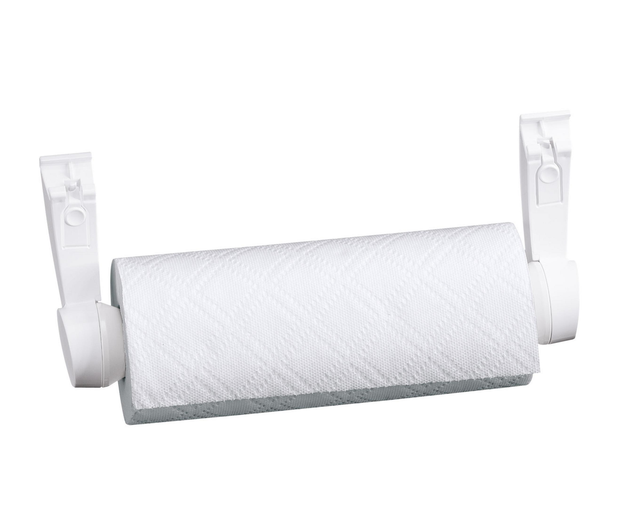 Ein weißer Papiertuchhalter mit einer Rolle Papierhandtücher. Es hat zwei weiße Arme.
