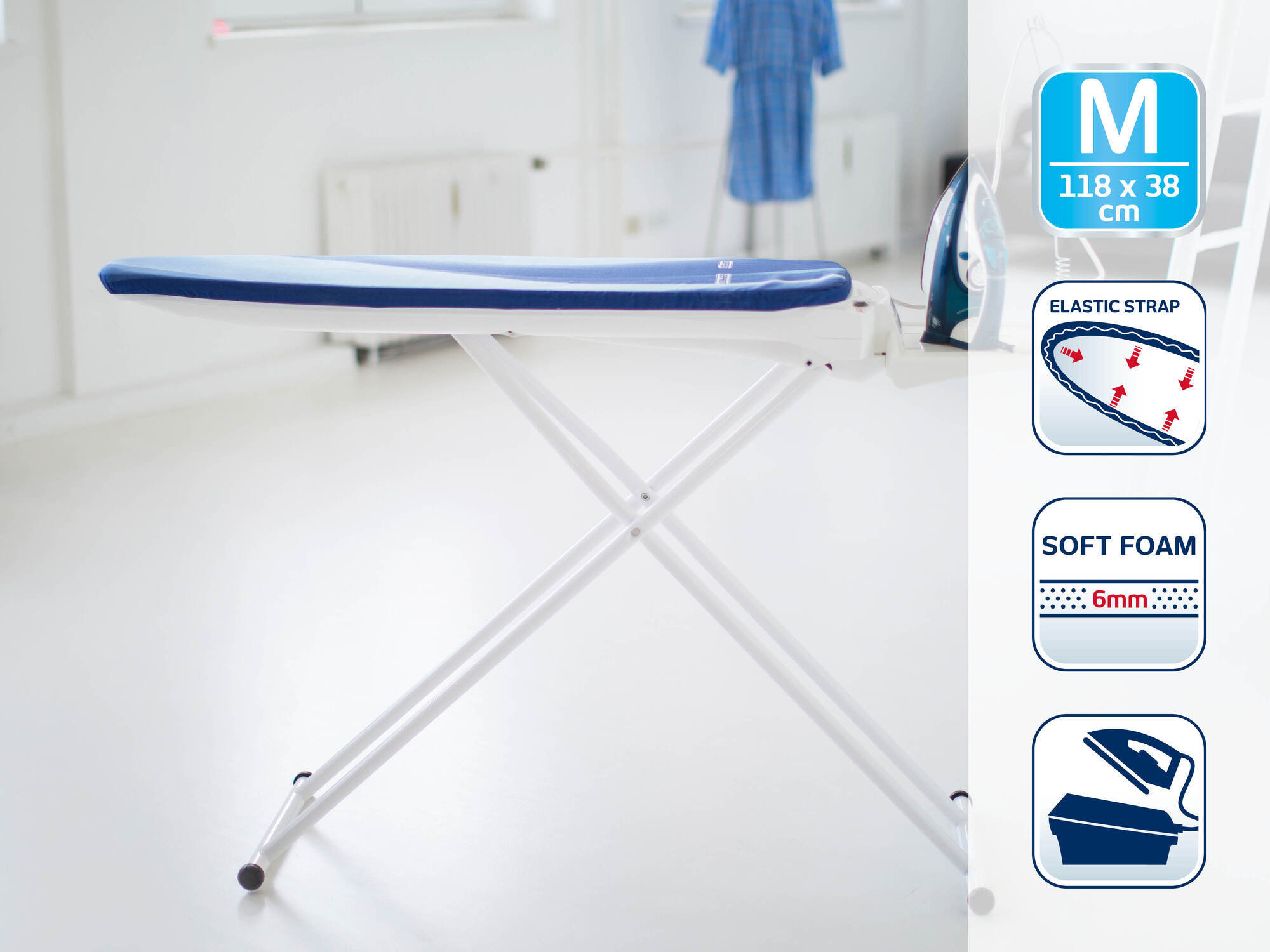 Deska do prasowania z niebieskim pokrowcem, żelazkiem i ilustracją.