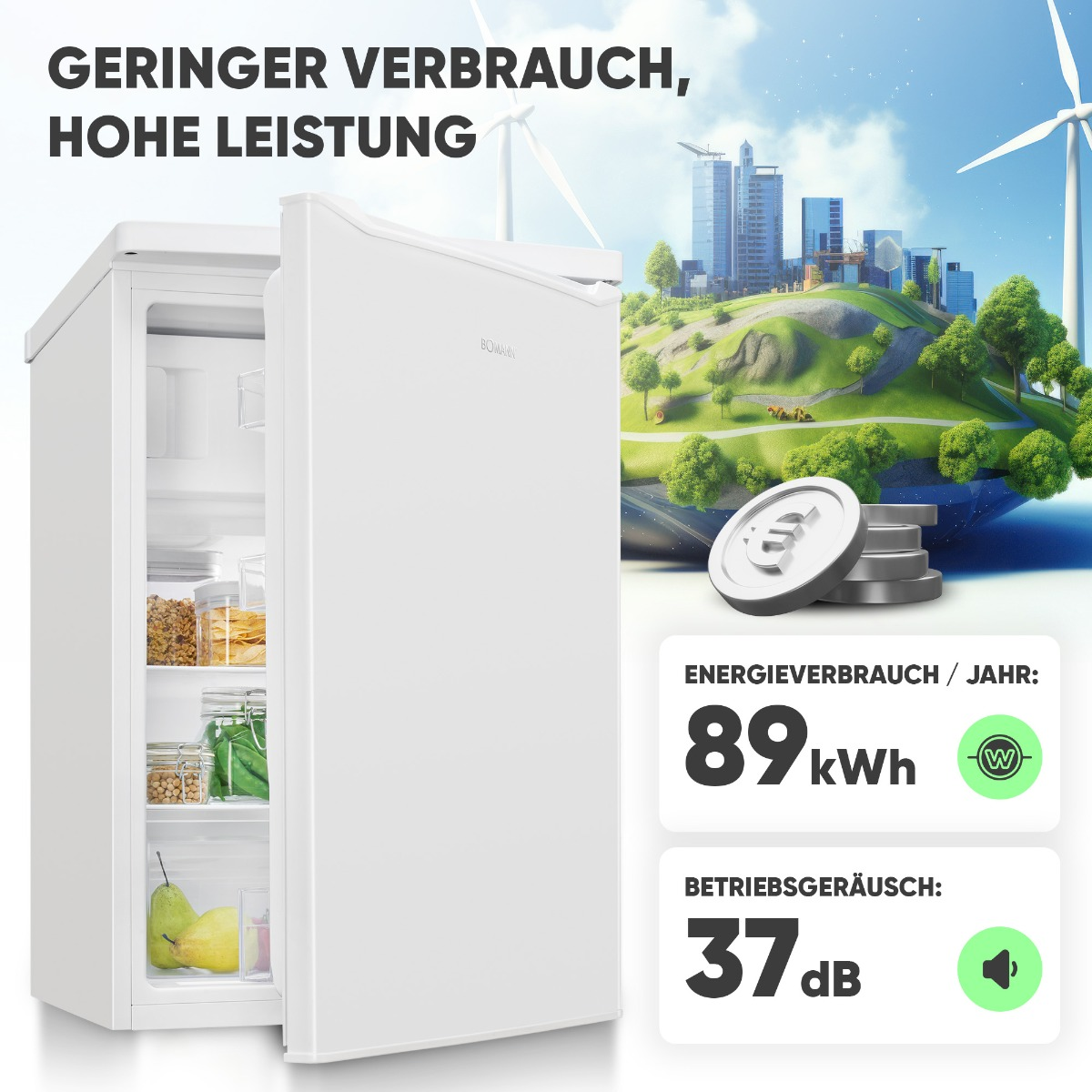 Ein weißer Kühlschrank mit offener Tür, zeigt Regale mit Lebensmitteln und Text auf Deutsch.