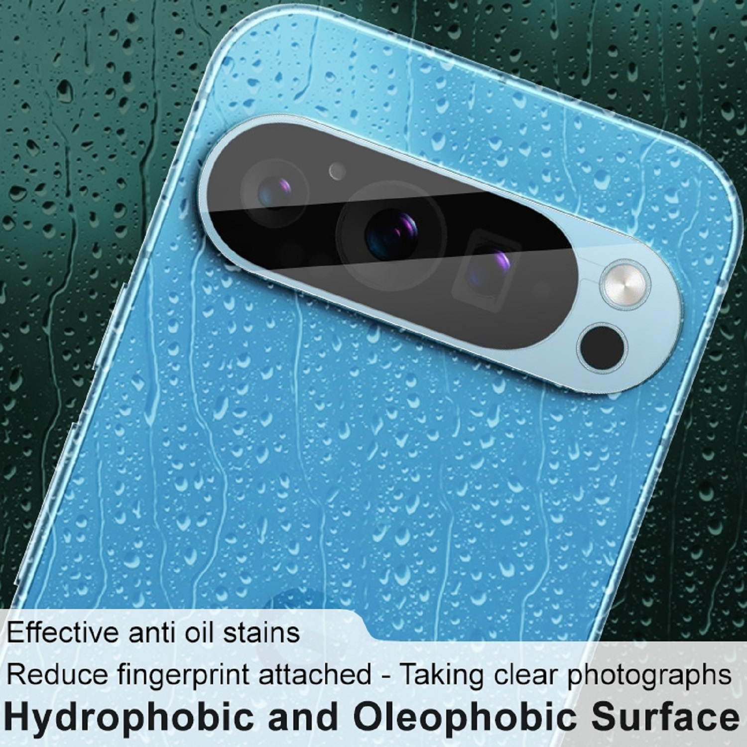 Nahaufnahme eines blauen Telefons mit Wassertropfen, Text besagt, dass es eine Anti-Öl-Oberfläche hat und klare Fotos macht.