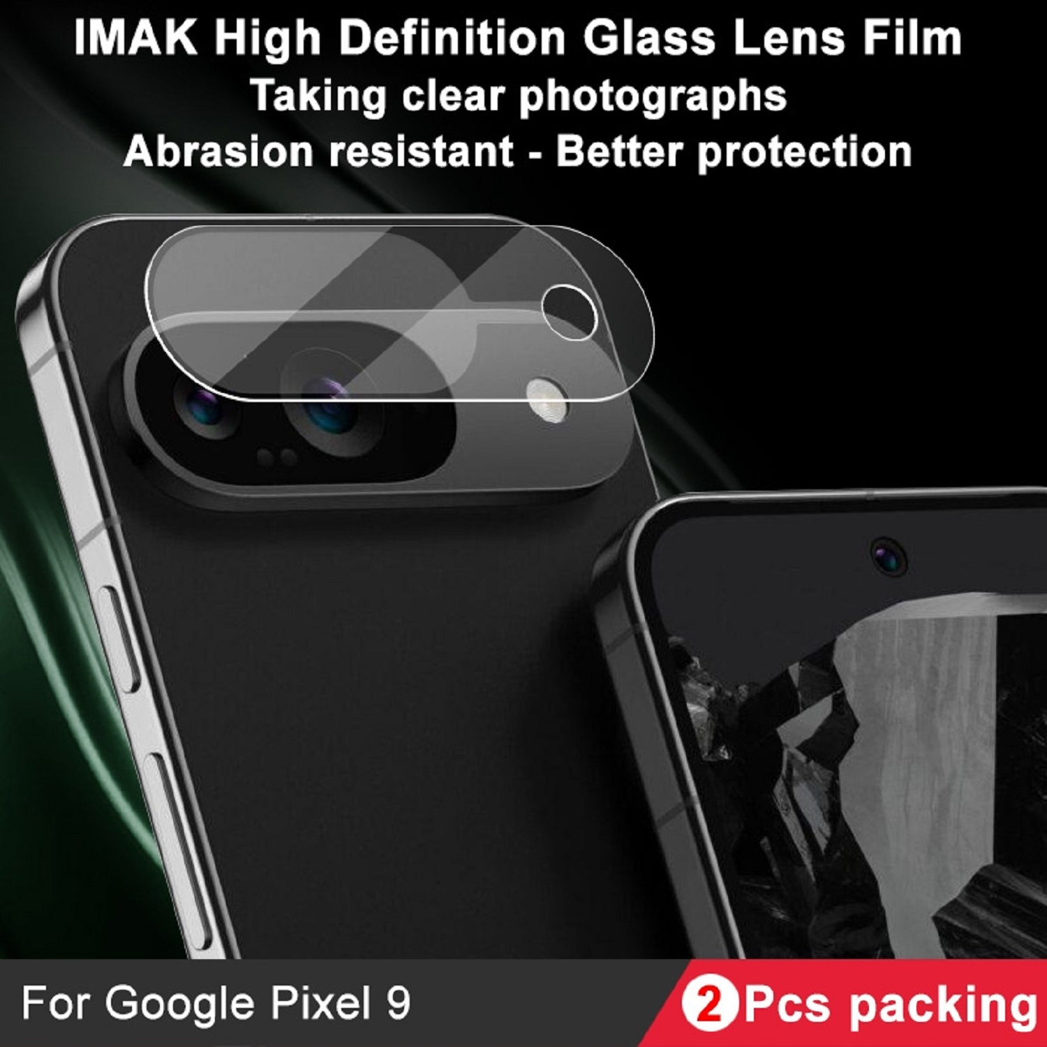 Ein Telefon mit einem transparenten Objektivschutz oben auf einem anderen Telefon. Text wirbt für klare Fotos und Abriebfestigkeit.