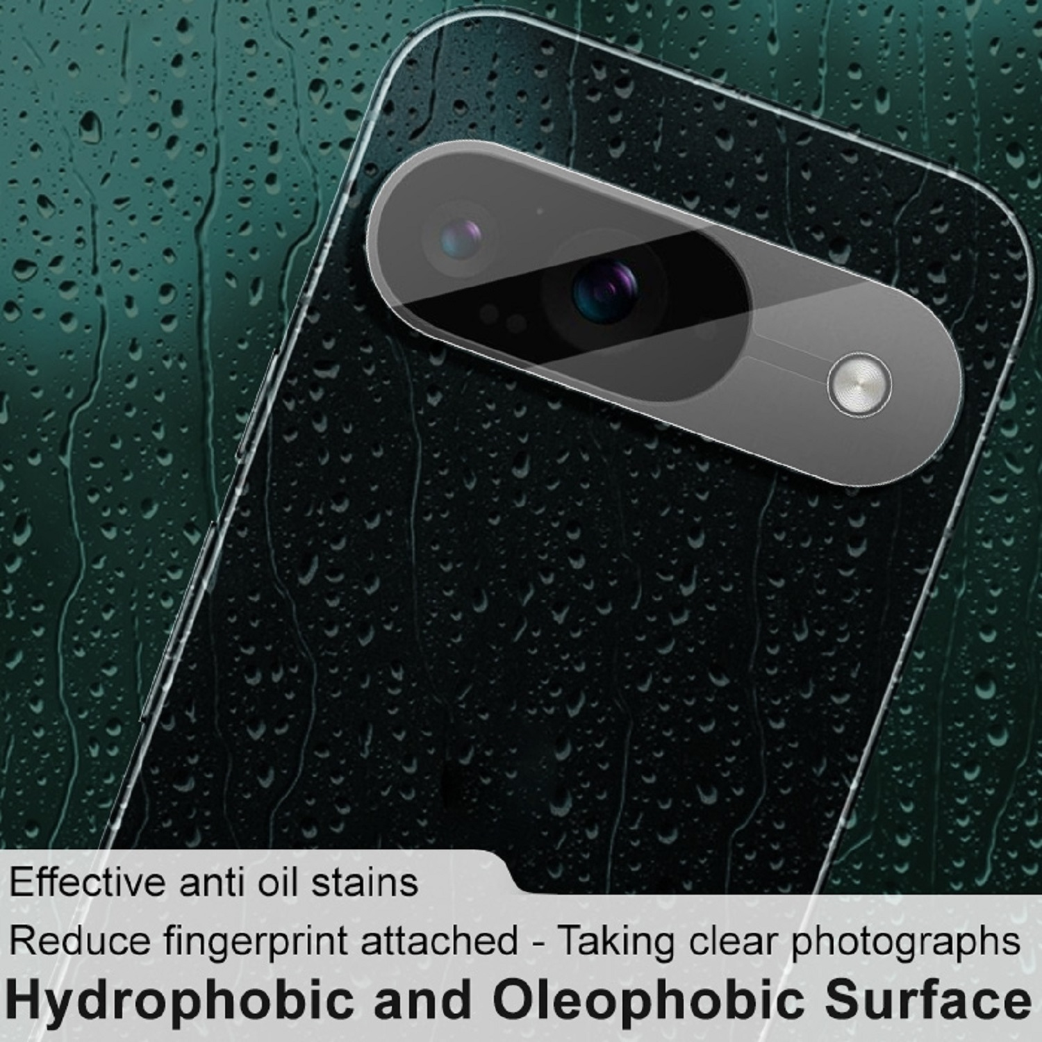 Ein Telefonbildschirm mit Wassertropfen. Text: Hydrophobe und oleophobe Oberfläche.