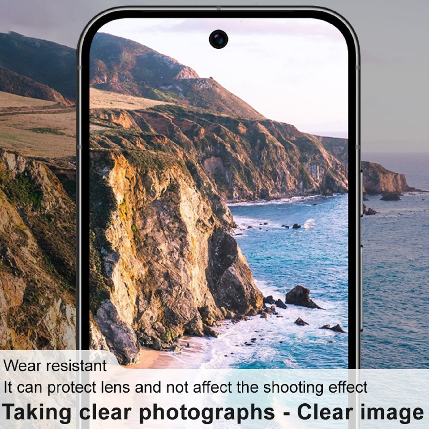 Smartphone-Bildschirm mit Küstenlandschaft, Text: Abriebfest, klare Fotos machen.