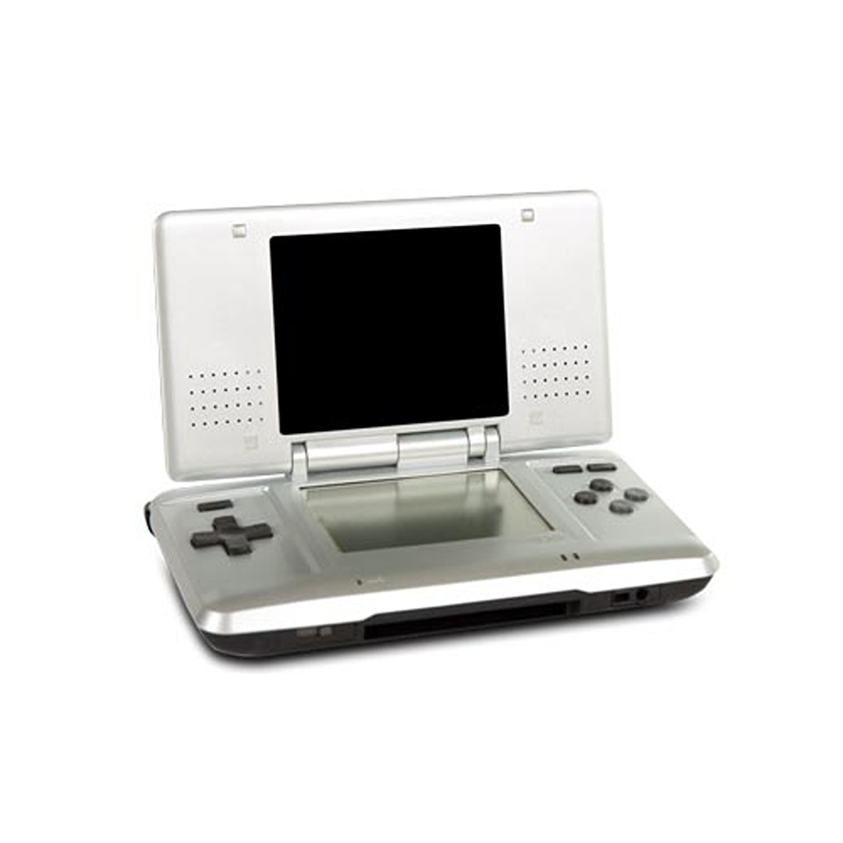 Silberne Nintendo DS Handheld-Spielkonsole mit schwarzem Bildschirm. Weißer Hintergrund.