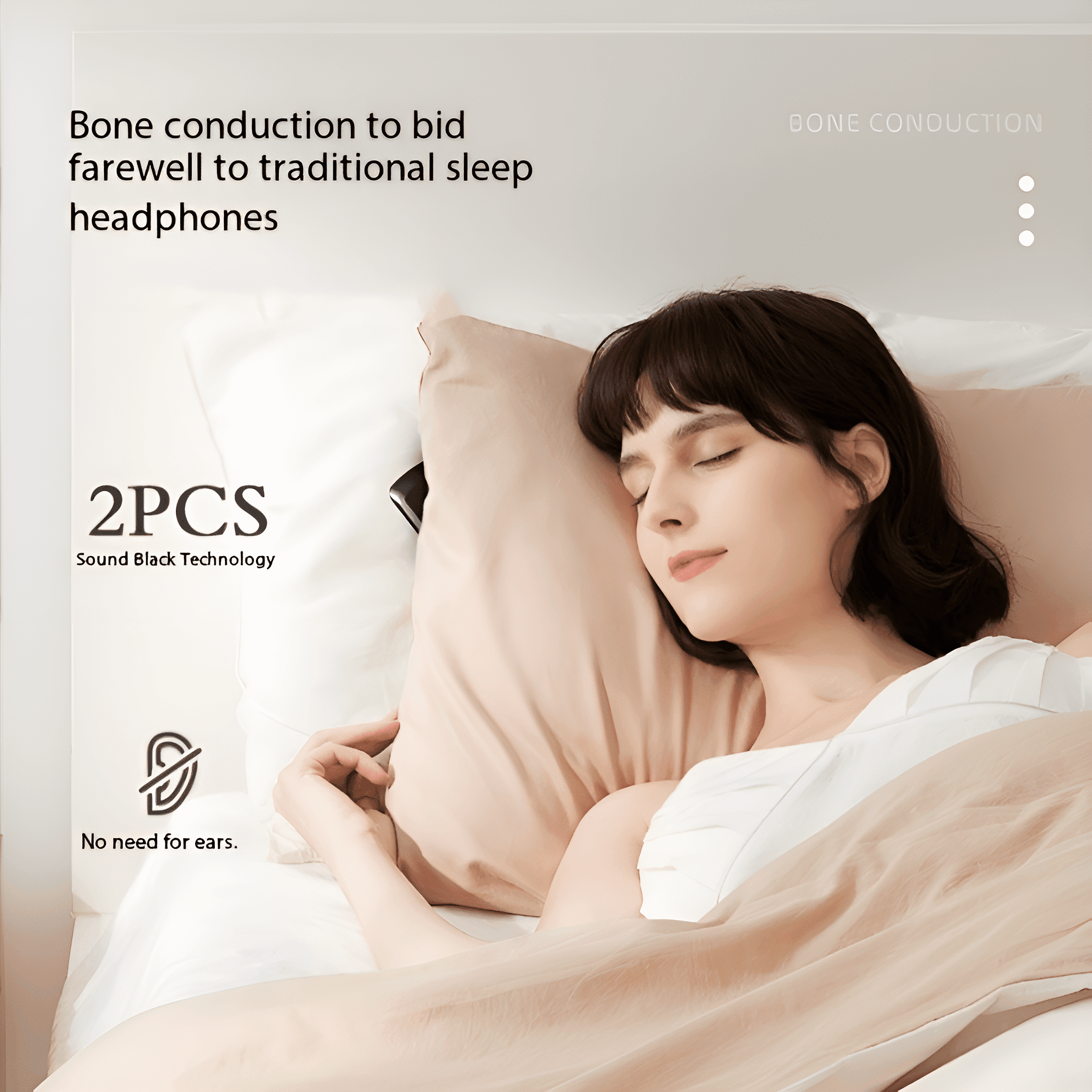 Schlafende Frau mit Kissen und Text 'Bone conduction to bid farewell to traditional sleep headphones'.