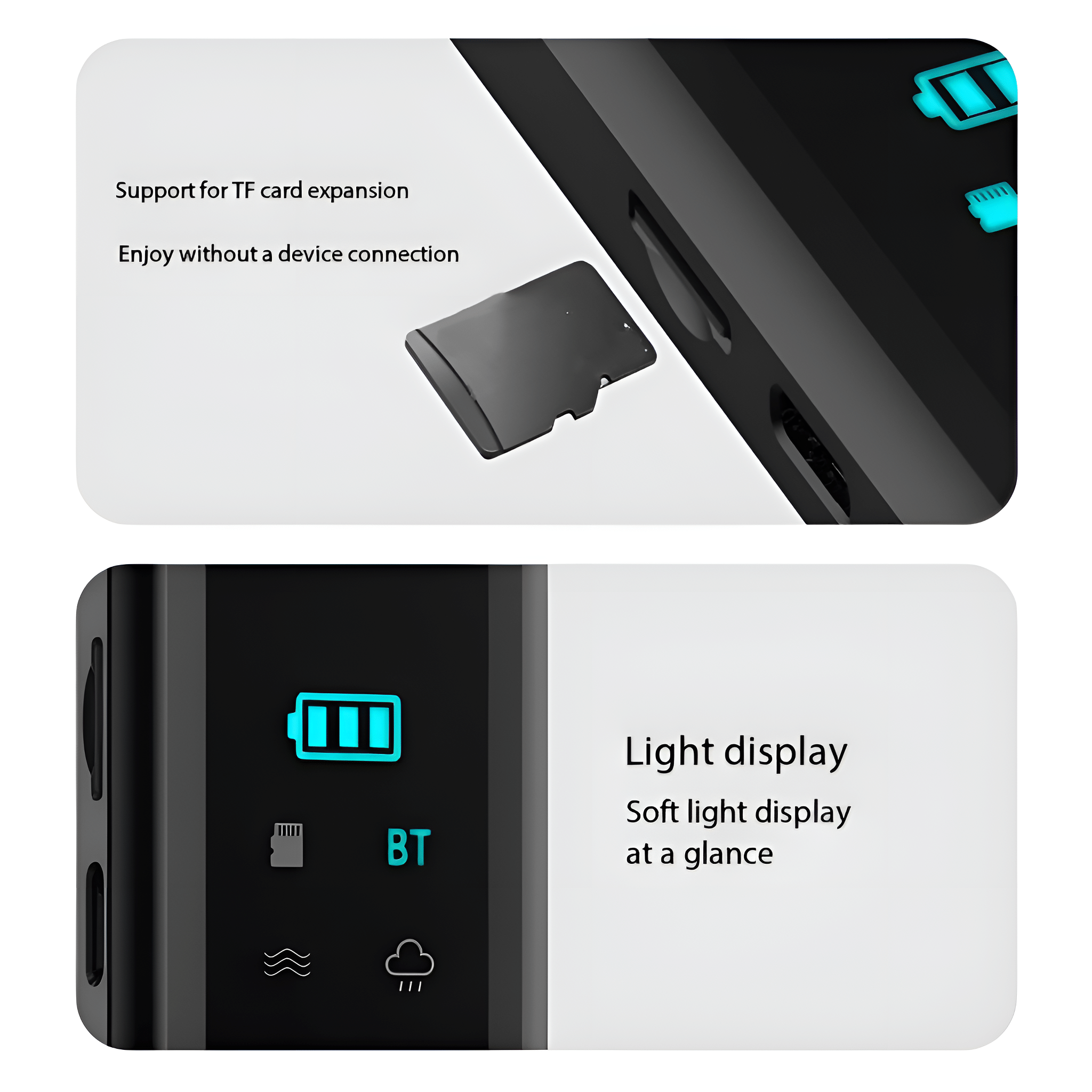 Zwei Bilder, die ein schwarzes Gerät mit einer SD-Karte und einer Batteriedisplay zeigen. Text lautet 'Light display'.
