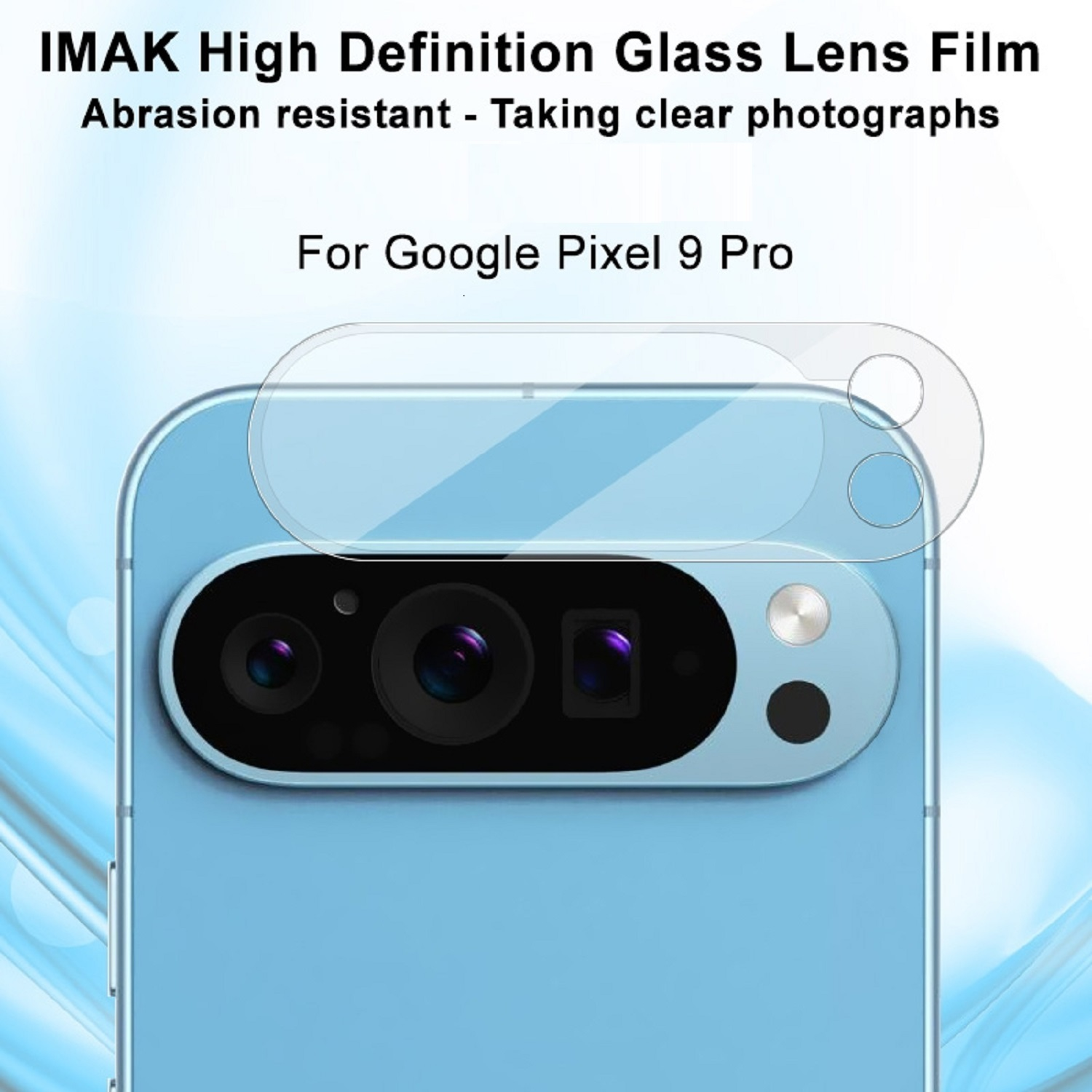 Telefon mit Kameraschutzfolie. Text: 'For Google Pixel 9 Pro' und 'IMAK Glass Lens Film'.