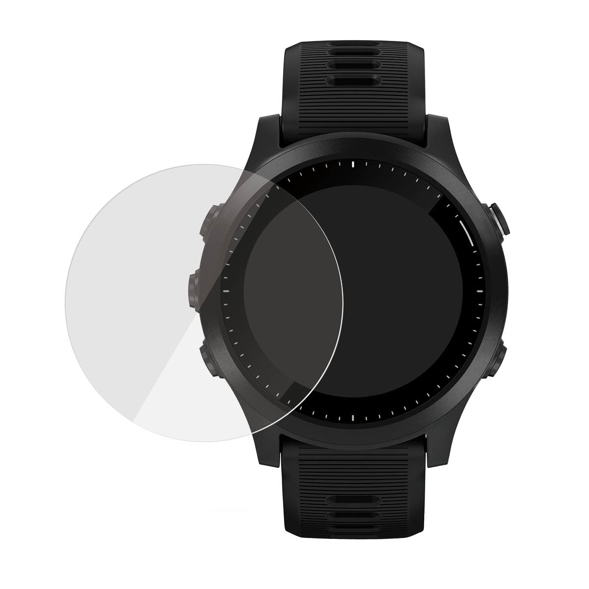 Smartwatch negra con un protector de pantalla transparente parcialmente aplicado.