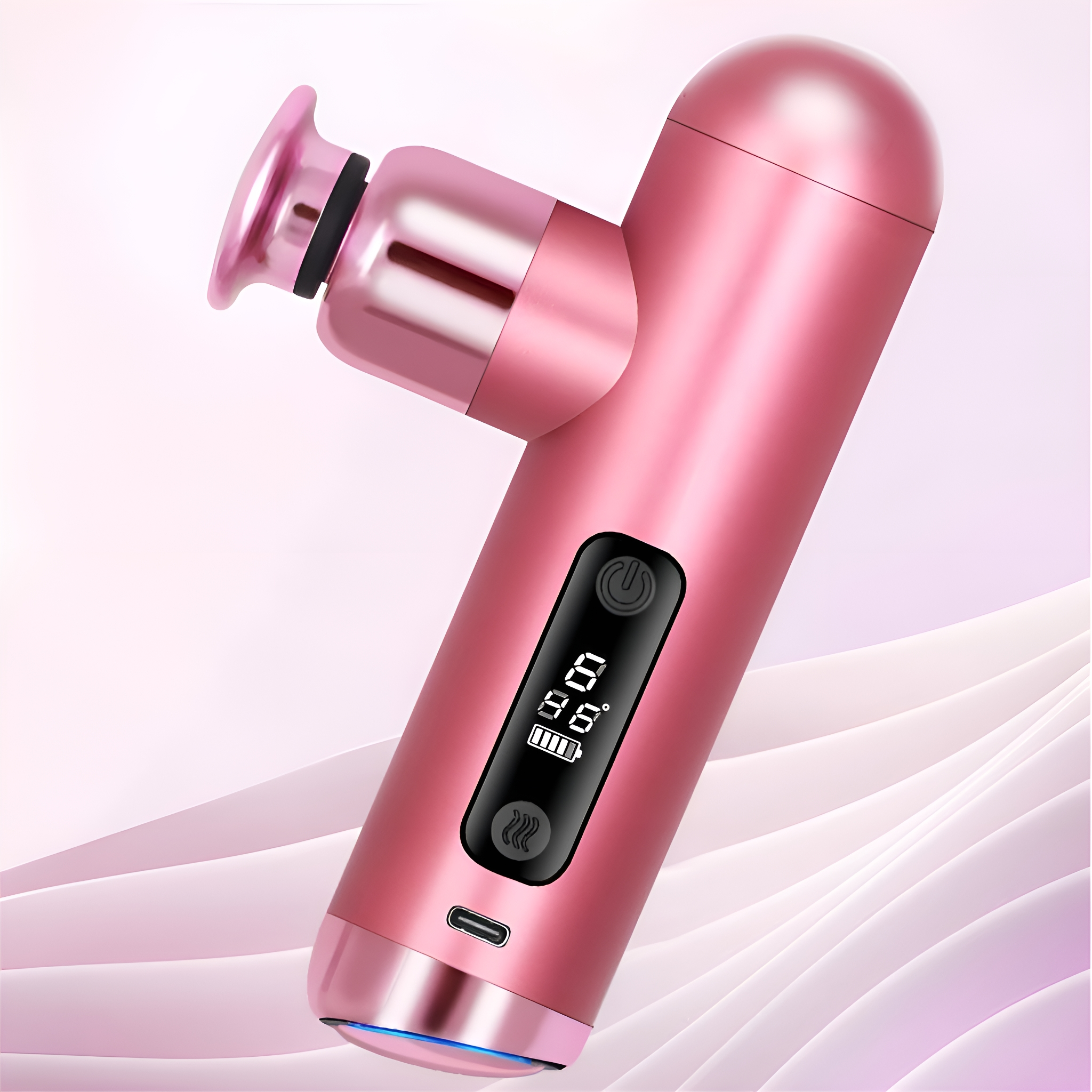 Rosa Massagepistole mit digitaler Anzeige für Batterie und Einstellungen, mit geschwungenem Design.