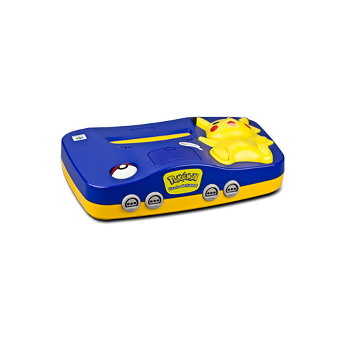 Blaue und gelbe Pokémon N64-Konsole mit Pikachu-Design.