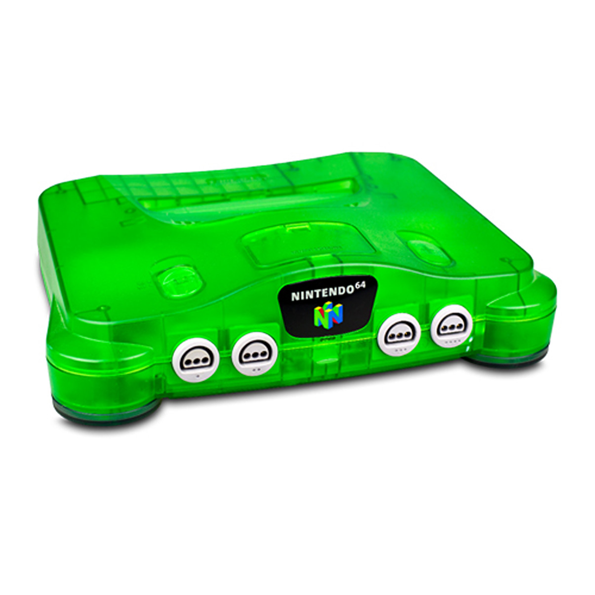 Grüne Nintendo 64 Konsole. Vier Controller-Anschlüsse, Power- und Reset-Tasten und Nintendo 64 Logo.
