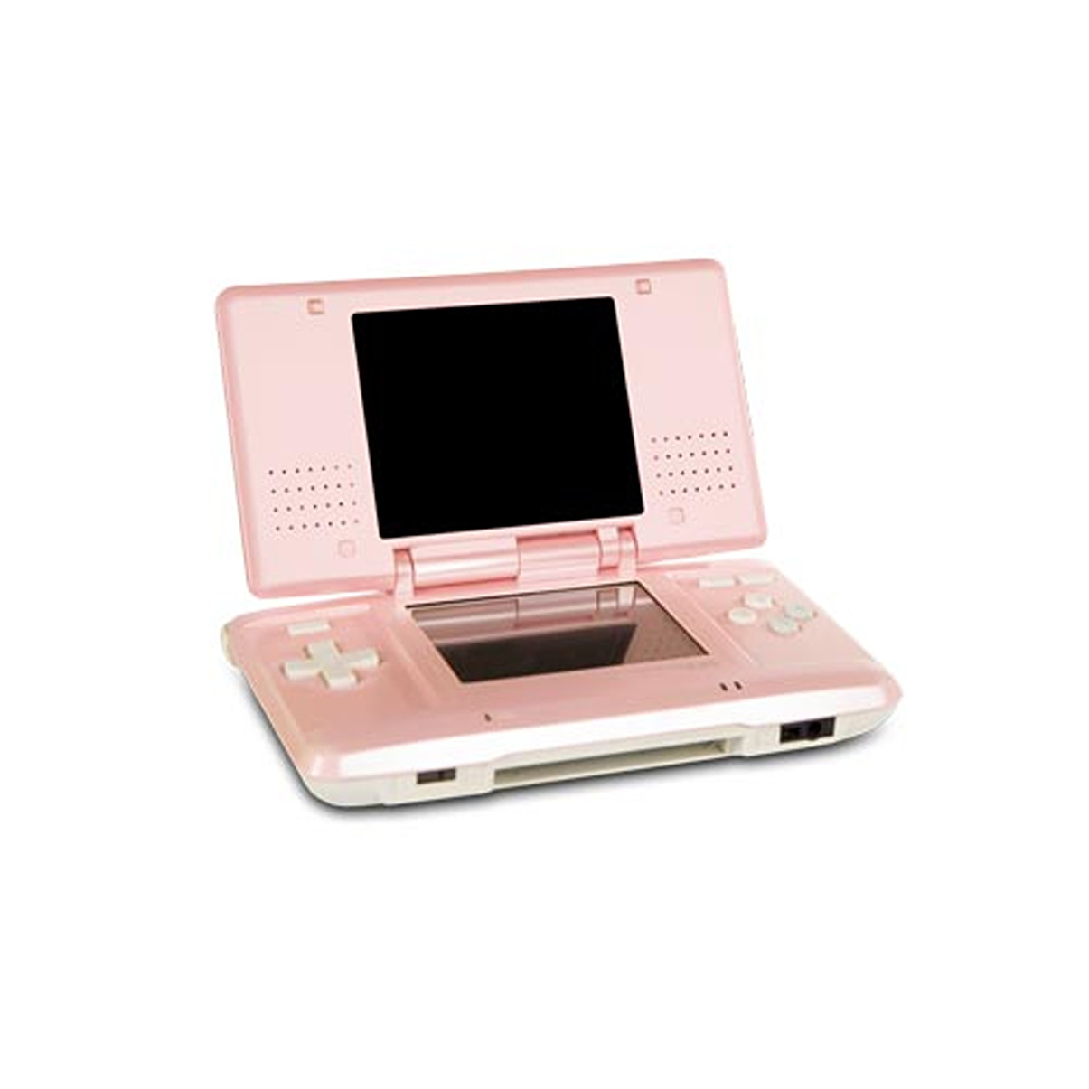 Console Nintendo DS rosa, aperta, con due schermi e controlli.