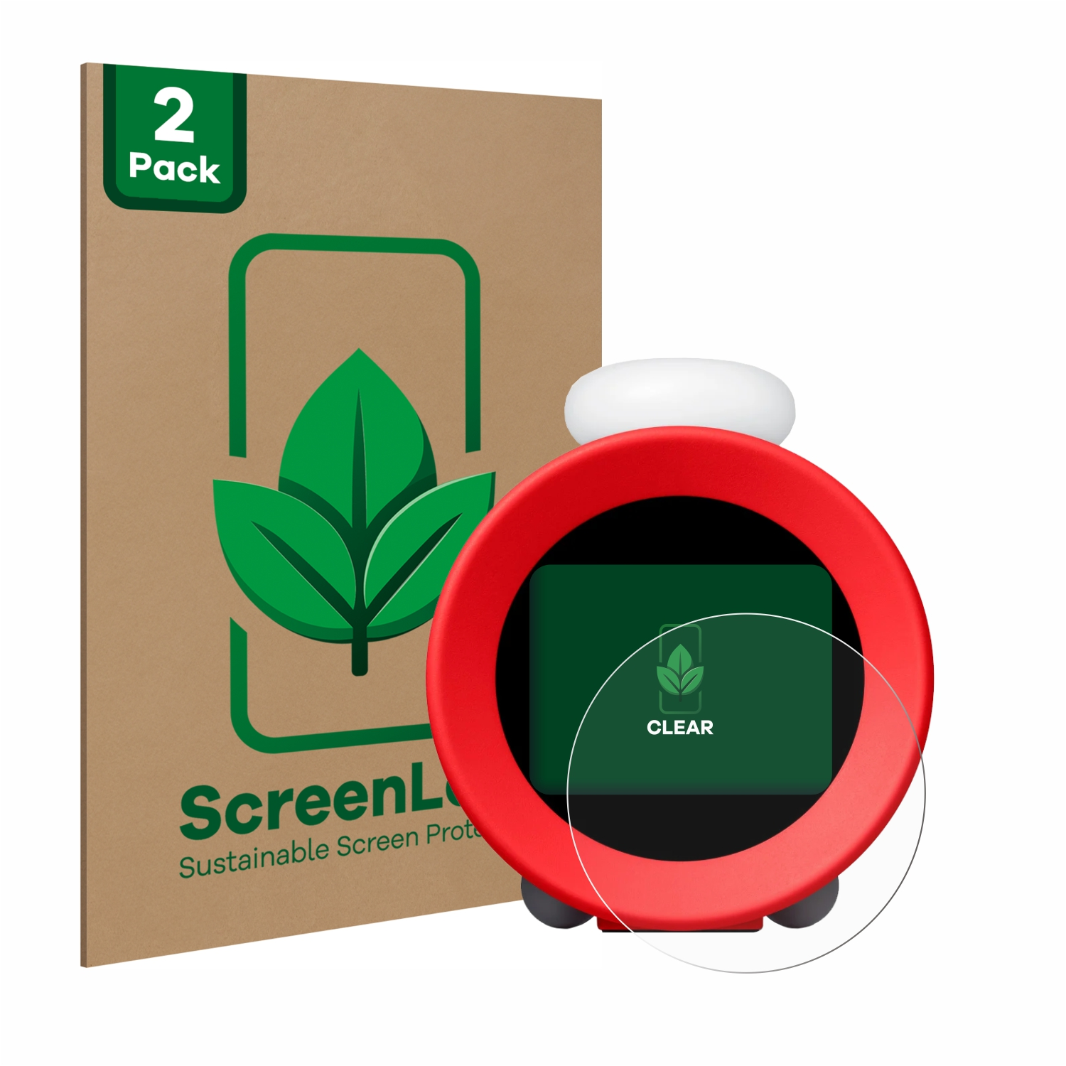 Eine rote Uhr mit Displayschutzfolie und eine Produktbox.