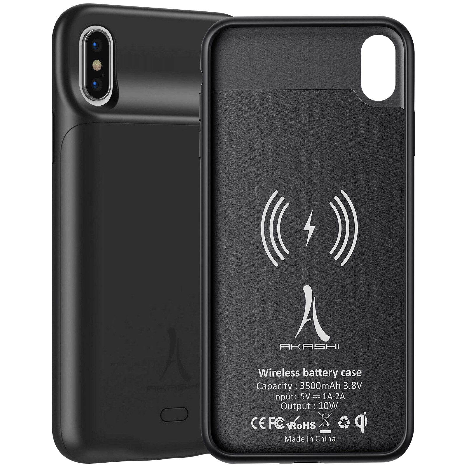 Custodia per batteria wireless nera con simbolo di ricarica wireless e specifiche di alimentazione sul retro.